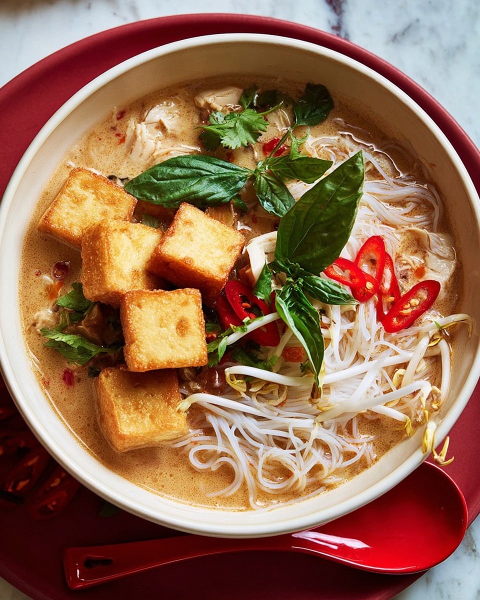 A white bowl filled with a creamy light brown soup with thin white noodles gathered in a small pile on one side, topped with bright red chili slices and green fresh herbs scattered around. Three golden, crisp tofu cubes sit stacked near the center on top of the noodles. Shredded white chicken pieces are spread in the soup along with small white bean sprouts. The soup surface has light orange oil droplets and a few green leaves resting on top. The bowl is placed on a white marbled surface next to a white plate with a red spoon resting on its edge. Photo taken with an iphone --ar 4:5 --v 7