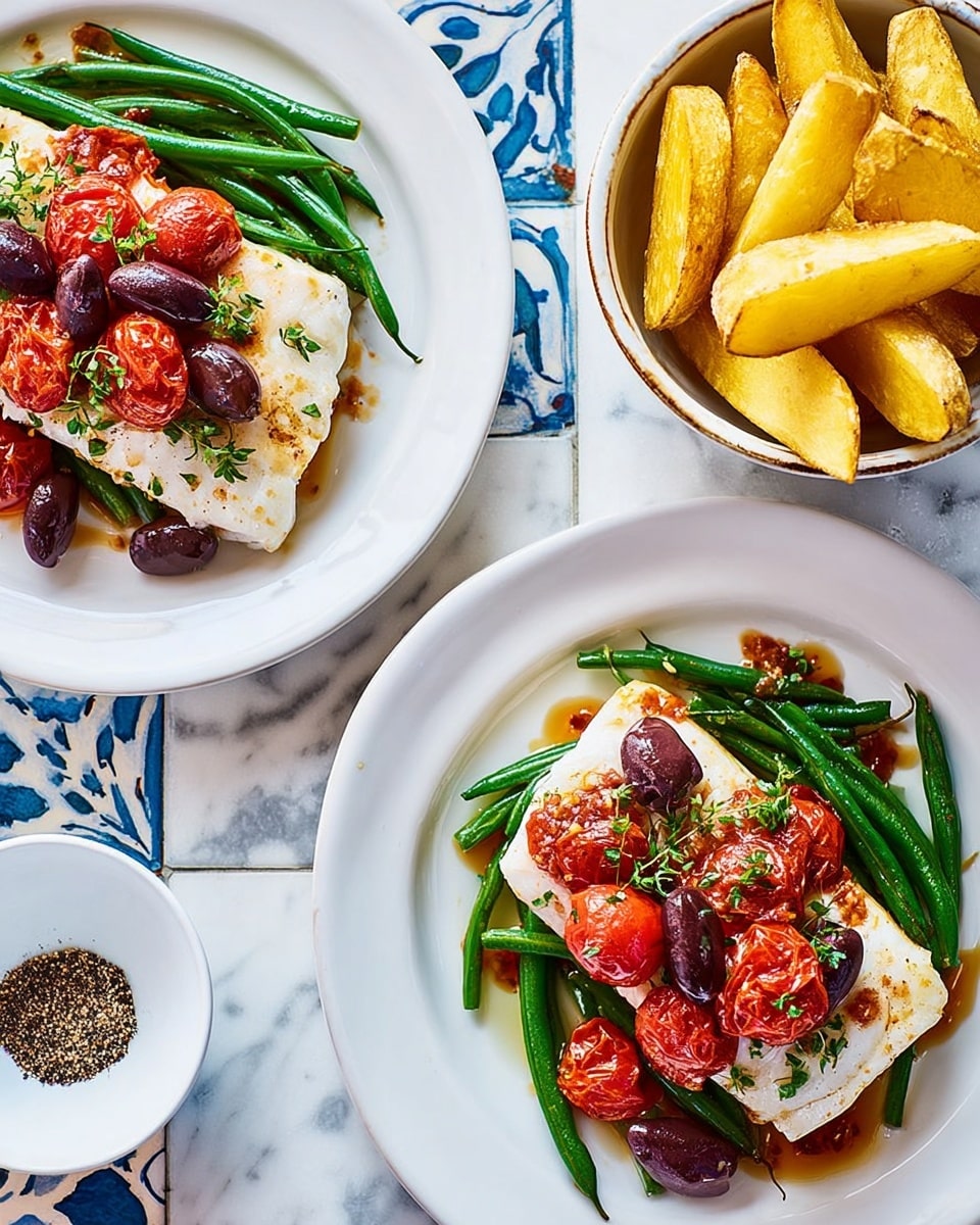 The image shows two white plates each with three layers: the bottom layer is bright green fresh green beans spread out, the middle layer is a thick, white cooked fish fillet with light grill marks, and the top layer features roasted red cherry tomatoes and a few dark purple olives, all glistening with a light sauce. Nearby, to the right, there is a white bowl filled with yellow roasted baby potatoes that have a slightly crispy skin. In the top left corner, there is a small white bowl with coarse black pepper. The scene is set on a white marbled surface with blue and white patterned tiles partially visible beneath the dishes. photo taken with an iphone --ar 4:5 --v 7