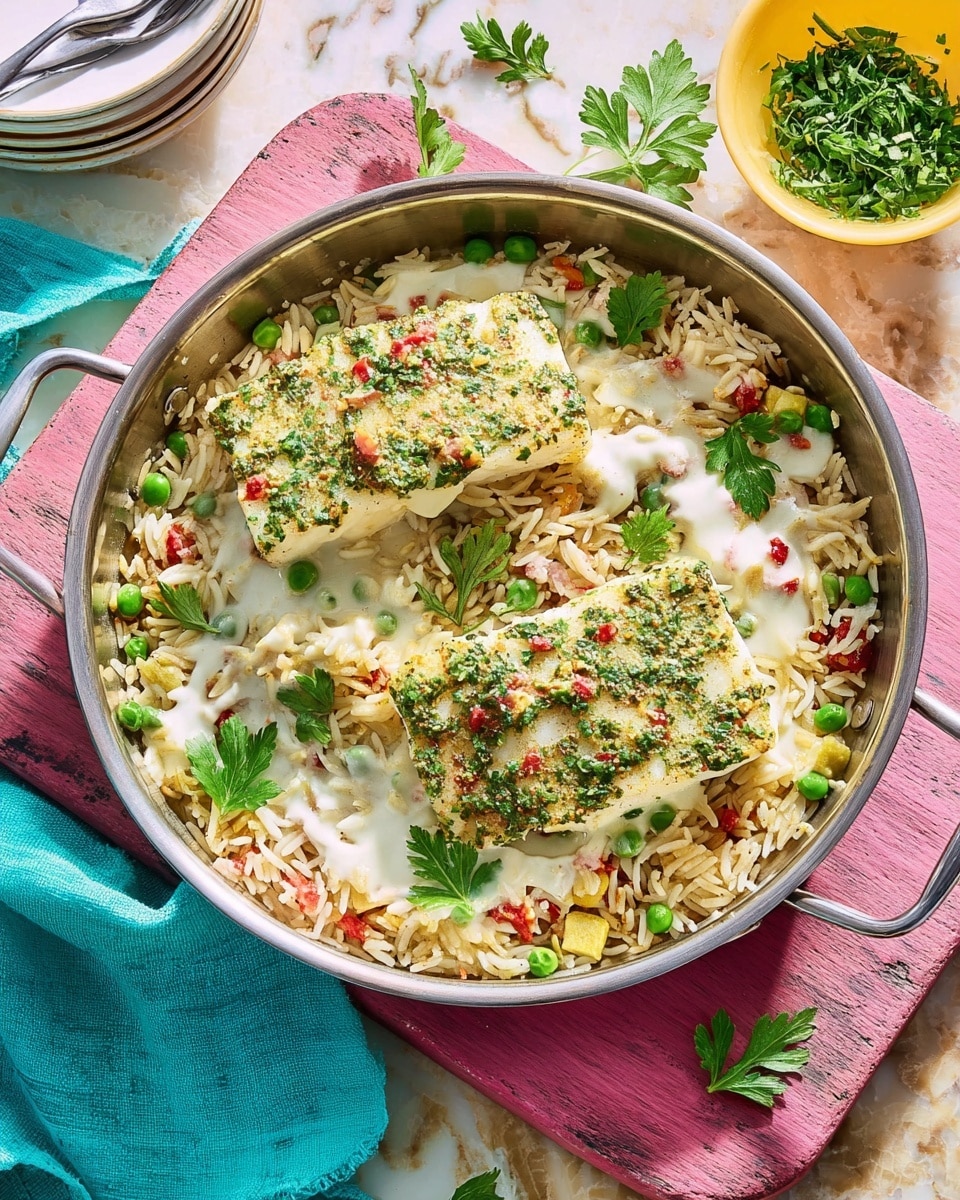 A round metal pan holds a dish with three pieces of white fish topped with a layer of green herb mix with bits of red pepper, lying over a bed of golden cooked rice mixed with green peas and thin onion slices. The rice has a creamy white sauce drizzled over it, garnished with small green herb leaves. The pan is placed on a light pink wooden board, with a green cloth with fringed edges around it, on a white marbled surface. To the side, there is a small white bowl with fresh green herbs. Photo taken with an iphone --ar 4:5 --v 7
