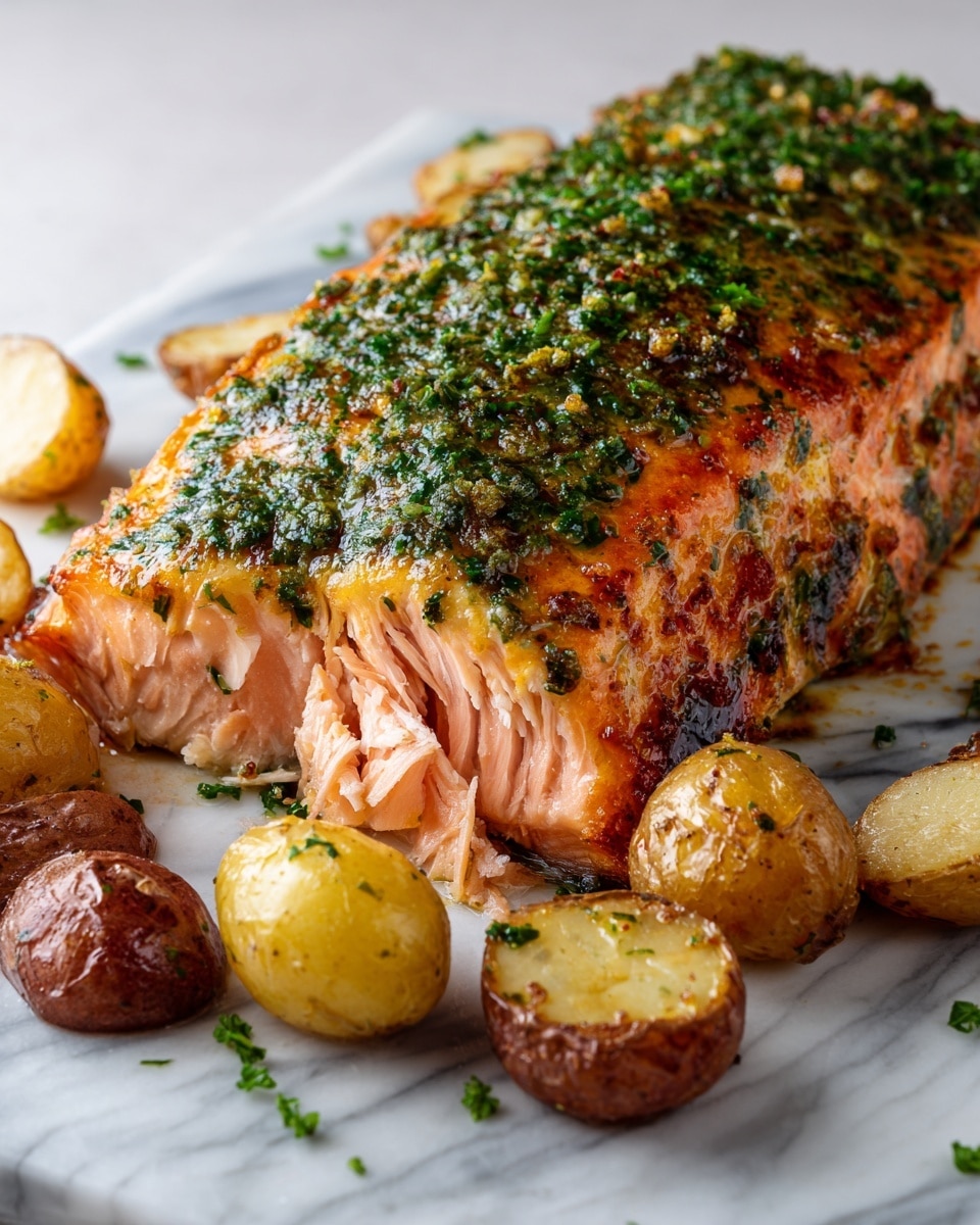 A large rectangular baked salmon fillet with a crispy golden-brown top sprinkled with finely chopped green herbs. The salmon is partially sliced, showing its soft, pink interior with smooth layers of flesh. Surrounding the salmon are small, round roasted potatoes with golden-brown, slightly crisp skins, scattered evenly on the white marbled surface. The overall scene has a warm, roasted glow. Photo taken with an iphone --ar 4:5 --v 7