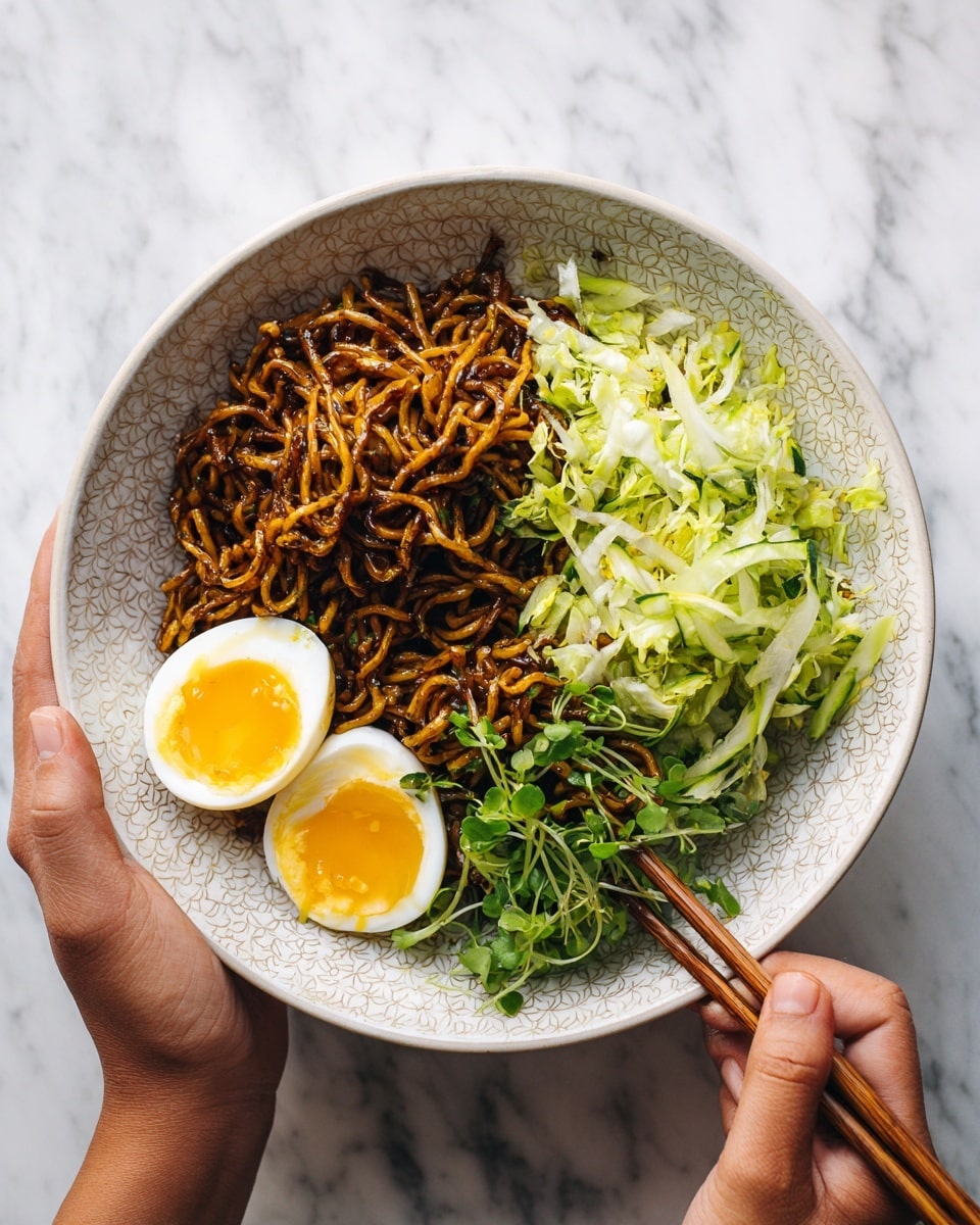 A white bowl filled with three main sections of food: on the left, there are dark brown cooked noodles with a slight shine, topped with a sprinkle of red spices; to the right of the noodles is a green shredded vegetable, possibly cabbage or lettuce, with a fresh and crisp texture; in the bottom left of the bowl are two halves of a soft-boiled egg with bright orange yolks and white edges. A woman's hand holds the left side of the bowl while another woman's hand uses a fork to lift some noodles from the top right. The bowl rests on a white marbled surface. Photo taken with an iphone --ar 4:5 --v 7
