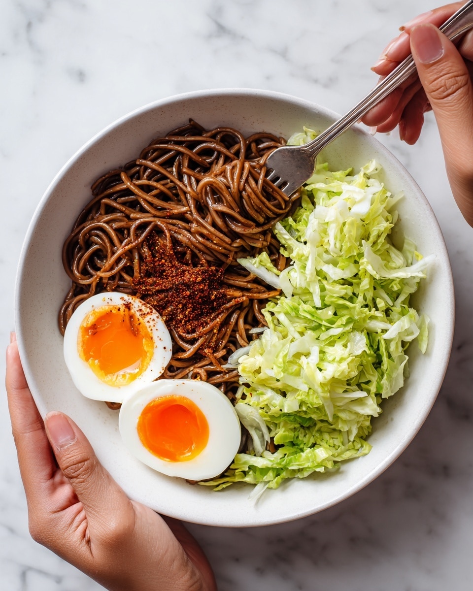 A white bowl with a textured pattern holds a dish with three main parts neatly arranged in sections. The top left section has dark brown stir-fried noodles with a slightly glossy look. The bottom left section shows two halves of a soft-boiled egg, with bright yellow yolks and smooth white edges. On the right side, there is a light green shredded vegetable, likely cucumber or lettuce, topped with fresh green herbs. A woman's hand holds the bowl from the bottom, while another woman's hand uses chopsticks to lift some noodles. The background is a white marbled surface. Photo taken with an iphone --ar 4:5 --v 7