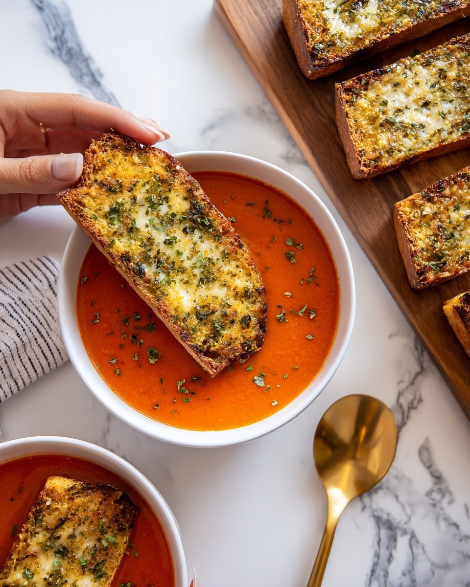 A white bowl filled with smooth, bright orange tomato soup held by a woman's hand, while another woman's hand dips a rectangular piece of toasted bread topped with a green and golden-brown herb and cheese crust into the soup. The bread is thick with a crispy, textured top layer showing herbs and melted cheese, held close to the bowl, which sits on a white marbled surface. In the top right corner, more pieces of the same toasted bread are neatly arranged on a wooden cutting board. A gold spoon lies on the white marbled surface next to the bowl. photo taken with an iphone --ar 4:5 --v 7