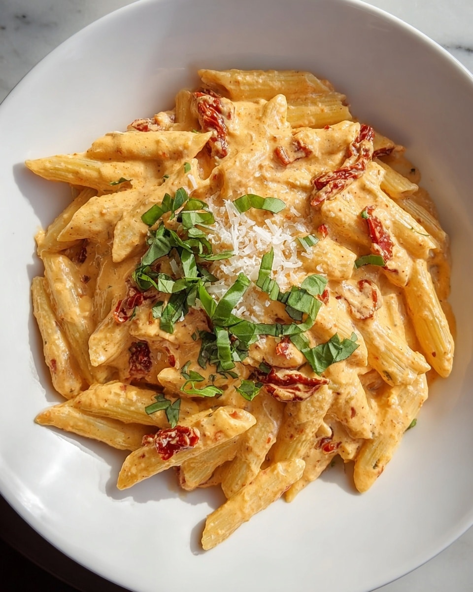 A close-up view of a white plate filled with creamy penne pasta covered in a thick, light orange sauce with visible small red bits of sun-dried tomatoes mixed throughout. The pasta layer is fully coated with the smooth, rich sauce that looks velvety. On top, there are green fresh basil leaves chopped roughly, scattered evenly to add a pop of green color. There is also a light sprinkle of finely grated white cheese in the center, creating a slightly textured topping. The plate sits on a white marbled surface with natural light casting soft shadows. Photo taken with an iphone --ar 4:5 --v 7