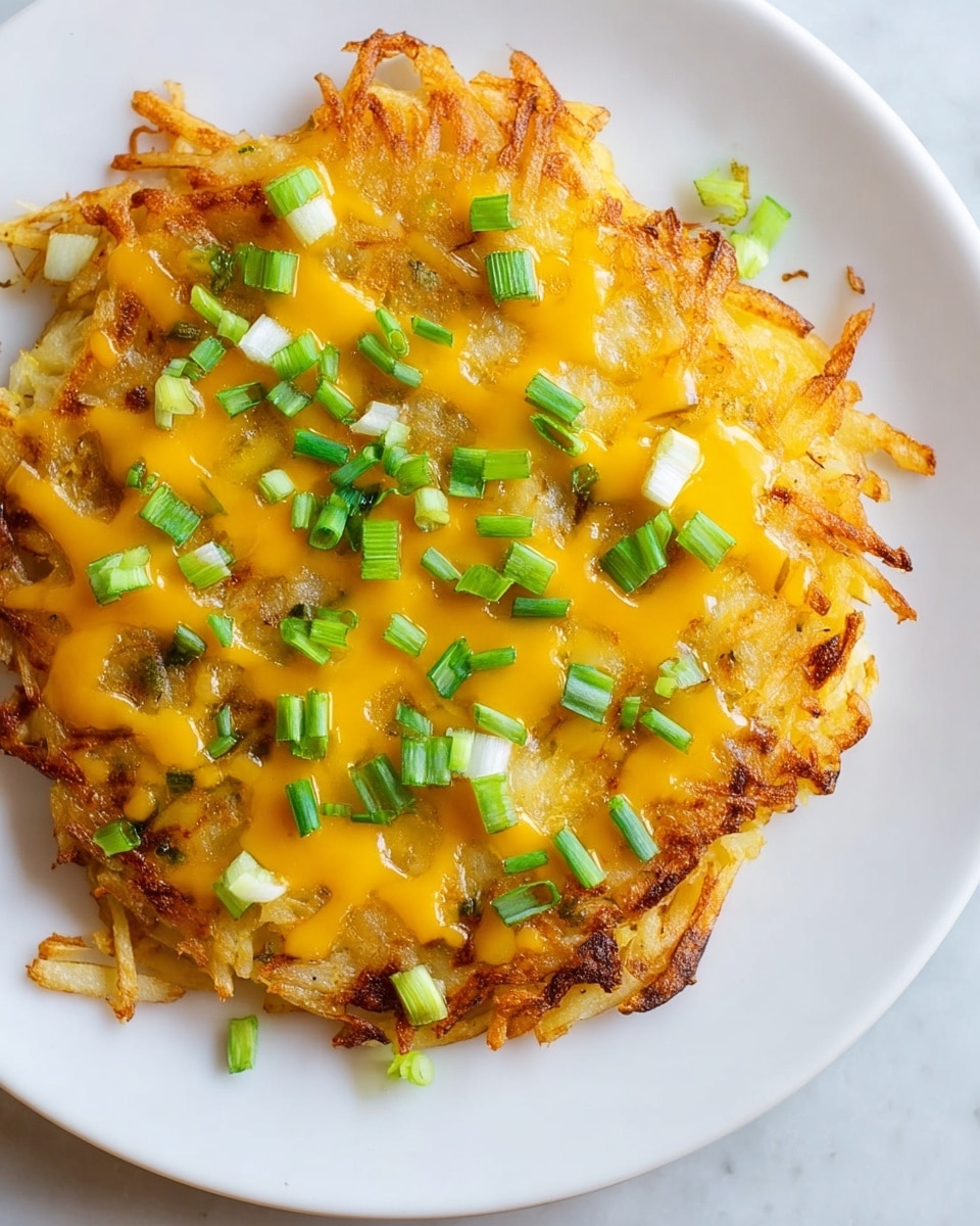 A round, waffle-shaped potato dish with a golden brown crispy texture on the edges and softer pale yellow shredded potatoes inside forms the base layer on a white plate. The middle layer is melted bright orange cheese that fills the grooves of the waffle pattern, creating a shiny, smooth surface. Scattered on top are chopped green onions in multiple shades of green and white, adding specks of fresh color and texture to the dish. The plate sits on a white marbled surface. photo taken with an iphone --ar 4:5 --v 7