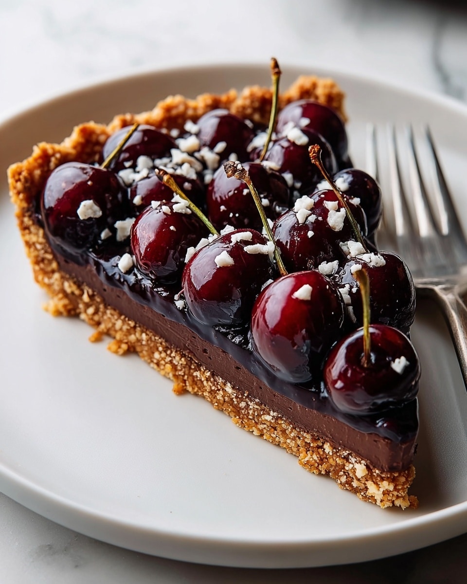 A slice of cherry chocolate tart sits on a white plate over a white marbled surface, featuring three distinct layers: the base is a golden-brown crumbly crust with a rough texture, the middle layer is a smooth, rich dark chocolate filling in deep brown, and the top layer is covered with shiny, dark red cherries, some with stems, sitting closely together, with small white chocolate flakes scattered on top; a silver fork rests beside the tart on the plate. Photo taken with an iphone --ar 4:5 --v 7