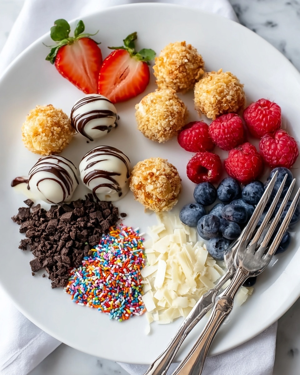 A large white plate is arranged with several food items in separate piles around the center. In the middle are small round balls, some coated with a light brown crumb layer and drizzled with dark chocolate, others plain white with small dark chocolate spots. At the top left, two halves of bright red strawberries with green leaves are placed, and to their right is a pile of fresh red raspberries. Below the raspberries are small dark blue blueberries. On the bottom right, there is a pile of white coconut flakes, and next to it is a mound of colorful round sprinkles. Moving left, a pile of crushed dark chocolate cookies sits beside light brown crushed nuts or biscuit crumbs. A silver knife and two forks rest on the right edge of the plate. The plate is set on a white marbled surface. photo taken with an iphone --ar 4:5 --v 7