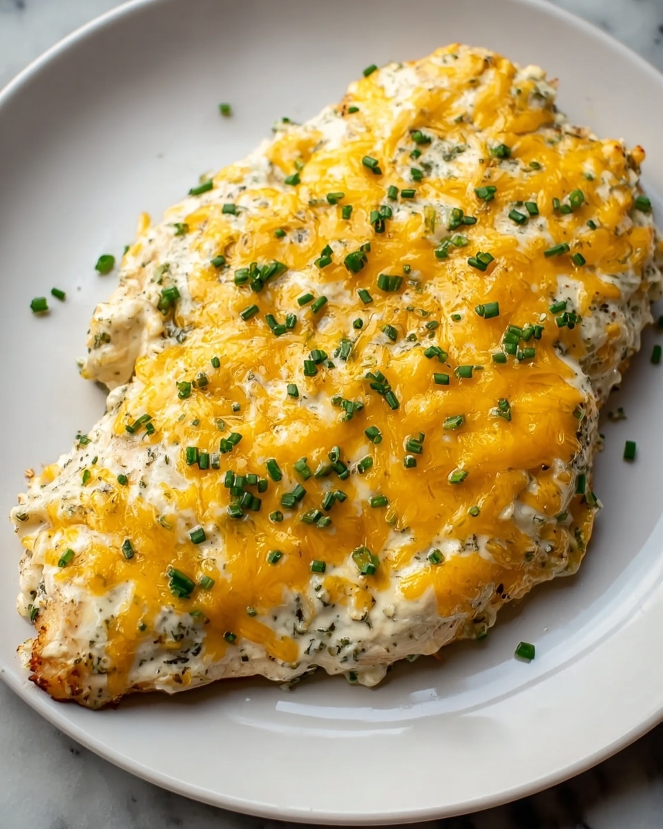 A single large piece of cooked chicken breast lies in the center of a white plate on a white marbled texture surface. The chicken is covered in a creamy white sauce mixed with herbs, forming the base layer. On top, a generous layer of melted bright yellow cheddar cheese spreads unevenly, giving a glossy texture with slight browning around the edges. Small chopped green chives are sprinkled evenly over the cheese, adding a fresh pop of color. The chicken’s edges are lightly browned, showing it’s well cooked. Photo taken with an iphone --ar 4:5 --v 7