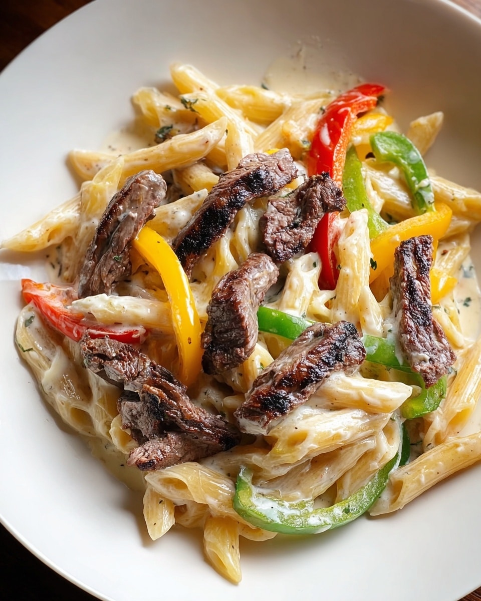 A white plate holds a dish with three main layers: the bottom layer is creamy white sauce that coats the pasta, the middle layer consists of pale yellow penne pasta tubes with a smooth texture, and the top layer includes strips of cooked dark brown beef, along with slices of red, yellow, and green bell peppers. The peppers add bright pops of color and slightly curved shapes, scattered evenly among the pasta and beef. The whole dish has a creamy and slightly glossy appearance. Photo taken with an iphone --ar 4:5 --v 7