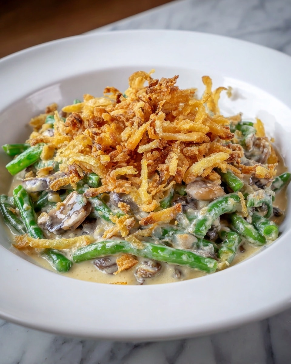 The dish is in a white bowl placed on a white marbled surface. It has three main layers: the base layer is made of green beans mixed with creamy light beige sauce and sliced brown mushrooms. On top of this is a rough, golden brown crunchy layer of fried onions that covers most of the vegetables beneath. The green beans are bright and firm, with sauce gently coating them, while the mushrooms add a soft texture. The fried onion layer looks crispy and uneven, adding a contrast to the smooth creaminess below. photo taken with an iphone --ar 4:5 --v 7