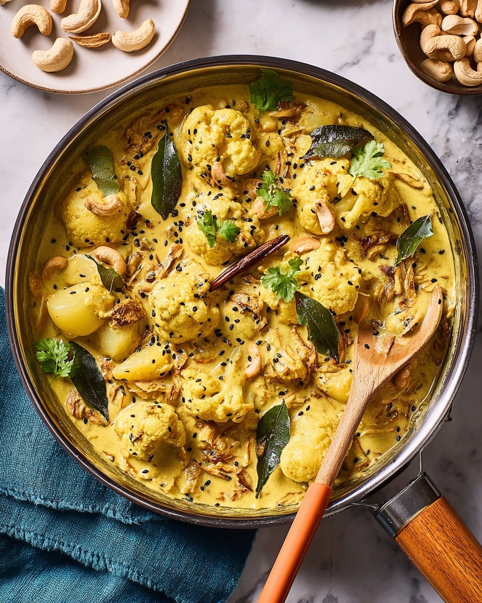 A close-up of a silver pan filled with a creamy yellow curry that has round potato pieces covered in thick sauce mixed with cashews and small pieces of what looks like fried onions or spices. The curry is garnished with fresh green cilantro leaves, black sesame seeds, and a cinnamon stick on top. A wooden spoon with an orange handle rests inside the curry on the right side of the pan. In the upper left corner, a white bowl filled with cashews is placed on a white marbled surface. The background also has a soft white marbled texture. photo taken with an iphone --ar 4:5 --v 7