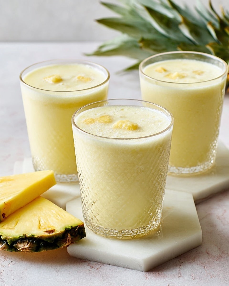 Three clear glasses filled with a pale yellow, frothy pineapple smoothie are shown on a white marbled surface. Each glass has a textured pattern and is filled almost to the top with a smooth, creamy liquid that has tiny air bubbles visible on the surface. The glasses are arranged in a loose triangle, with one glass placed slightly in front and the other two behind it. Next to the right side, there are two triangular pieces of fresh pineapple with green skin and a juicy, pale yellow interior resting on white stone coasters. The overall look is fresh and inviting with soft, natural light highlighting the smooth texture of the drink. photo taken with an iphone --ar 4:5 --v 7