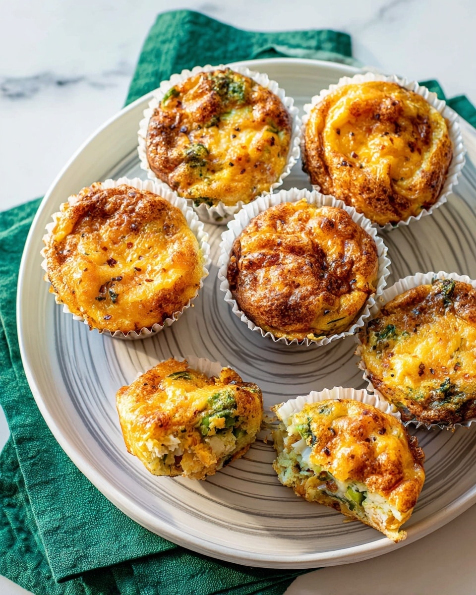 There are six golden brown baked muffins, each in a white paper cup with green stripes. The muffins are fluffy with a crispy top, dotted with green vegetable bits and melted cheese that is slightly browned. One muffin is broken open, showing a soft, moist inside with visible chunks of vegetables and cheese. The muffins sit on a round white plate with gray rings, placed on a white marbled surface. Under some of the muffins are green napkins adding a splash of color. Photo taken with an iphone --ar 4:5 --v 7