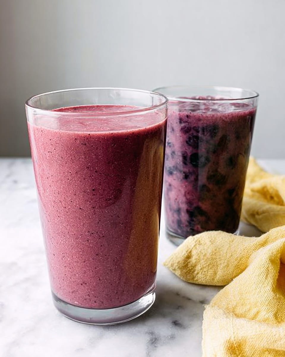 Two clear tall glasses filled with a thick, smooth purple smoothie with small dark specks. The front glass is larger and almost full, showing a glossy surface on top, while the second glass is smaller, set slightly behind and to the right, also almost full. Both glasses are placed on a white marbled surface with a soft yellow cloth casually draped near the smaller glass. The background is simple and white. photo taken with an iphone --ar 4:5 --v 7