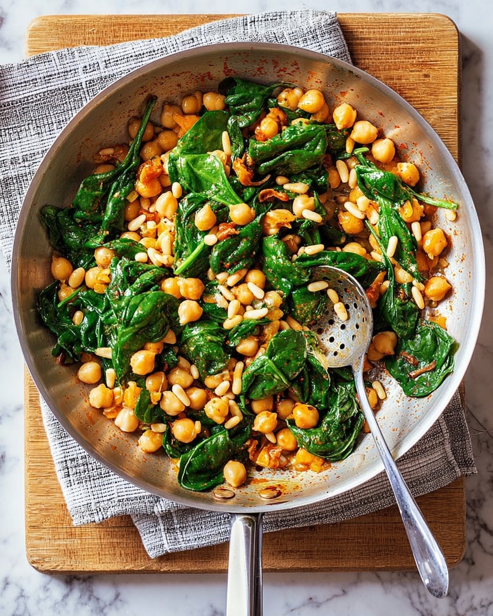 A round metal pan filled with a cooked dish that has three main layers: large fresh green spinach leaves with a shiny, slightly wilted texture spread evenly on top and throughout, golden brown chickpeas scattered all over, and small light beige pine nuts sprinkled on top. The pan rests on a wooden board with a white marbled surface beneath, alongside some loose pine nuts and a white pepper shaker. A metal slotted spoon with a brown handle lies inside the pan, touching the food. photo taken with an iphone --ar 4:5 --v 7