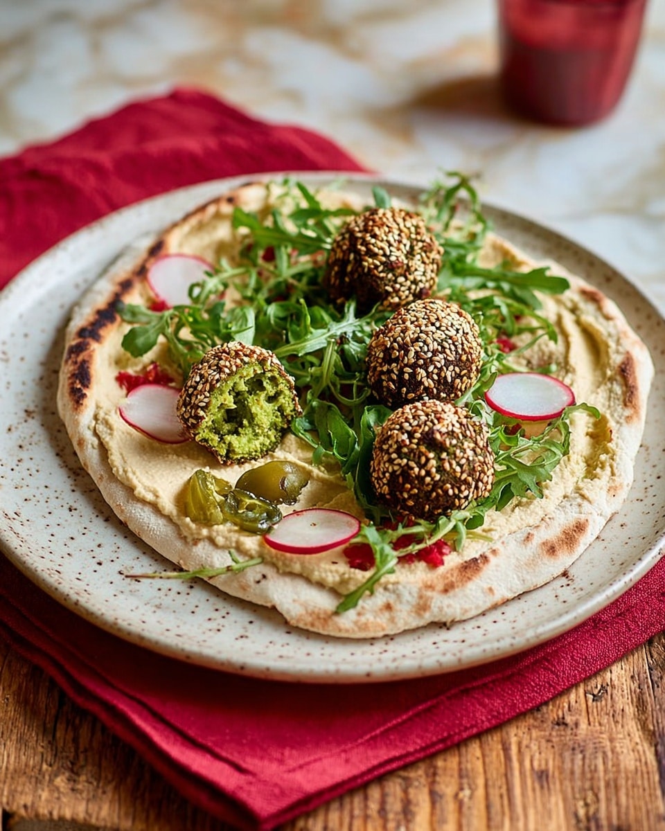A white plate holds a flat round piece of lightly charred flatbread with a smooth beige spread of hummus covering half its surface. On top, there are five sesame-coated falafel balls, one cut open to show a green, crumbly inside. There are scattered green arugula leaves, thin slices of radish with bright red edges and white centers, and a few bright green chili peppers. Some fresh dill sprigs add detail, and there is a drizzle of red chili oil on the hummus, giving a splash of color. The plate is set on a red cloth with a white marbled surface beneath, and a small glass of water and a white bowl with yellow peppers are blurry in the background. Photo taken with an iphone --ar 4:5 --v 7