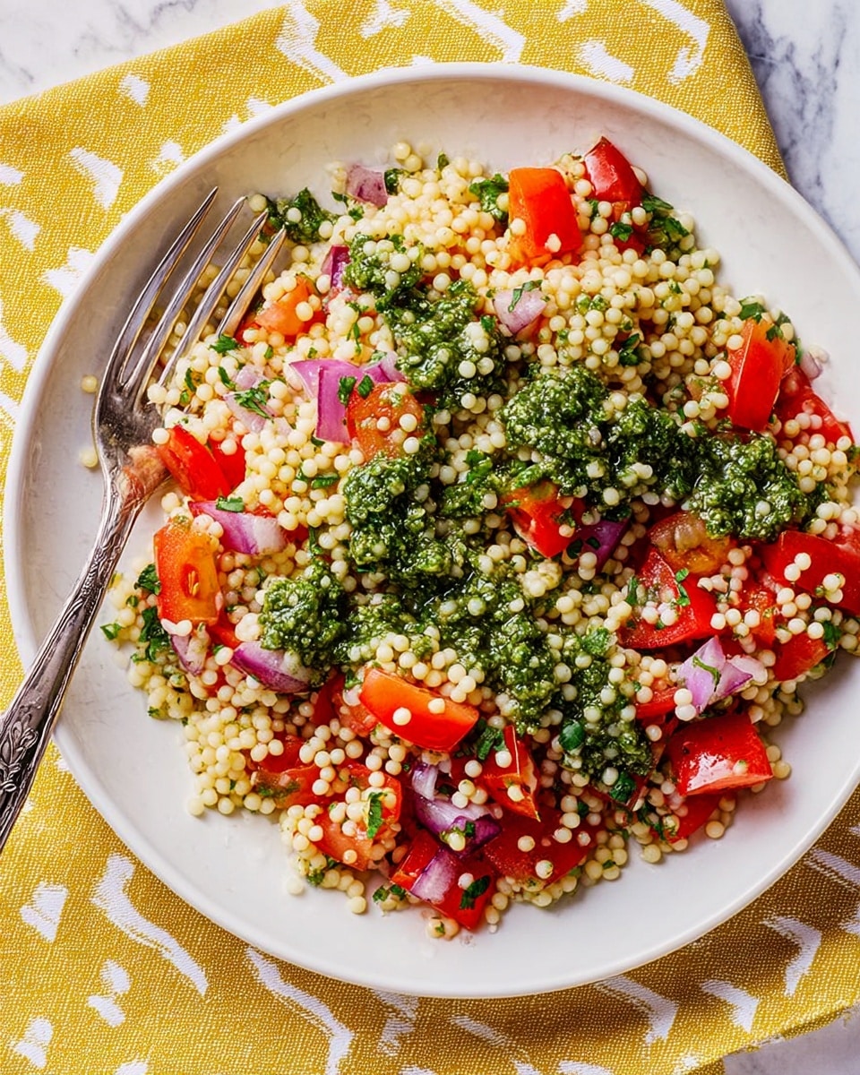 A white round plate filled with a mixed dish consisting of pearl couscous as the base layer, showing small, round, pale yellow grains scattered across the plate. On top, there are bright red chunks of diced tomatoes and small pieces of finely chopped purple onions mixed evenly. Green pesto sauce is drizzled in dollops across the dish, adding a textured, slightly oily look. Two silver forks rest on the upper side of the plate, one partially inserted into the food. The plate is placed on a yellow and white patterned cloth with a white marbled surface underneath. photo taken with an iphone --ar 4:5 --v 7