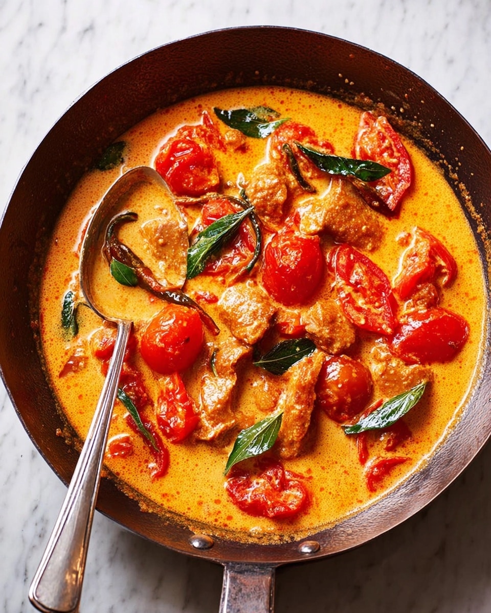 A rustic dark metal pan filled with a creamy orange curry sauce containing bright red tomato pieces and whole cherry tomatoes, soft reddish chunks of fish or meat, and dark green curry leaves spread evenly throughout. The curry sauce has a rich, smooth texture with visible small black mustard seeds and thin slices of onions floating within. A silver spoon is placed inside the pan, resting on the left side. The pan is set on a white marbled surface. photo taken with an iphone --ar 4:5 --v 7