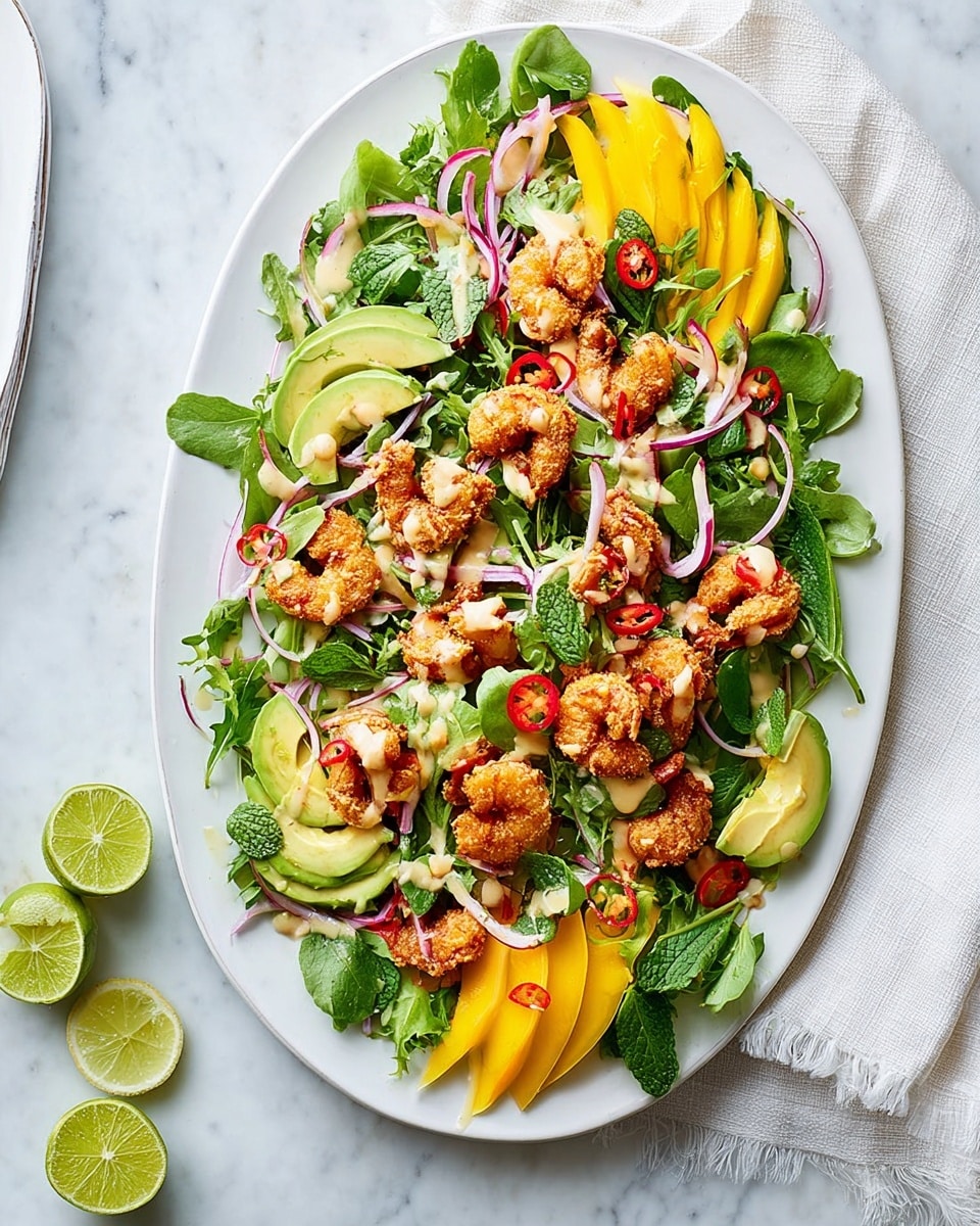 An oval white plate holds a vibrant salad arranged in clear layers. The bottom layer is a mix of fresh green watercress and mint leaves, creating a rich green base. On top of this, there are evenly spread thin slices of yellow mango and green avocado, adding bright and creamy textures. Scattered around are thin rings of red chili and purple red onion, giving pops of color and a touch of sharpness. The top layer features golden brown, crispy fried shrimp pieces, placed evenly for a crunchy contrast. Light drizzles of white dressing dot the salad, enhancing the look. On the white marbled surface next to the plate, there are two lime wedges and a piece of white fabric with fringed edges. photo taken with an iphone --ar 4:5 --v 7
