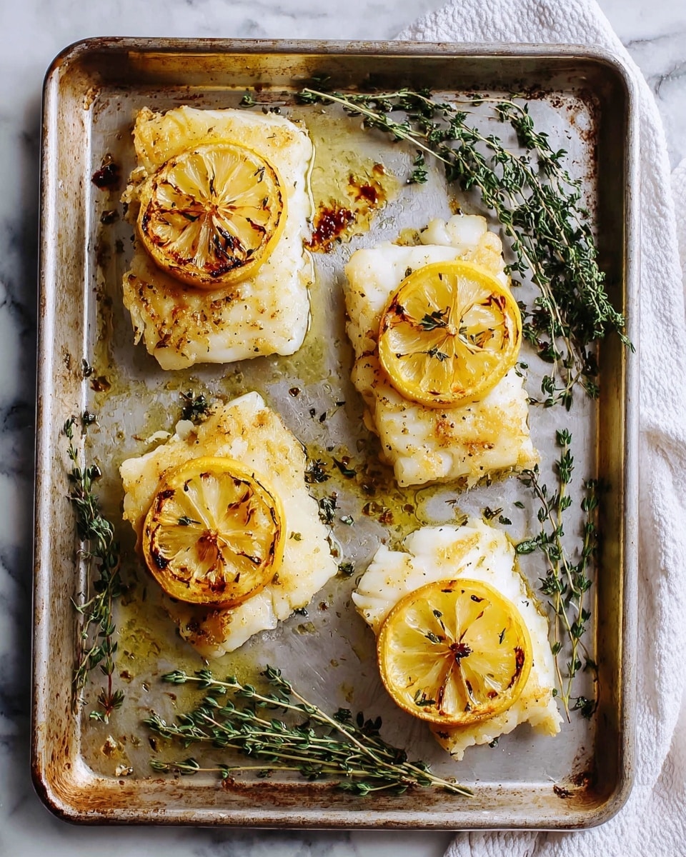 Four pieces of fried white fish fillets are placed on a baking tray, each topped with a thin yellow slice of grilled lemon showing light char marks. The fish has a crispy, golden-brown texture on the surface. Between and around the fish fillets, there are several green sprigs of fresh thyme, adding a touch of natural greenery. The baking tray has a worn metallic look with some small areas of cooked-on oil and browned spots. The scene is set on a white marbled surface, and a white cloth is partially visible at the top right corner. photo taken with an iphone --ar 4:5 --v 7