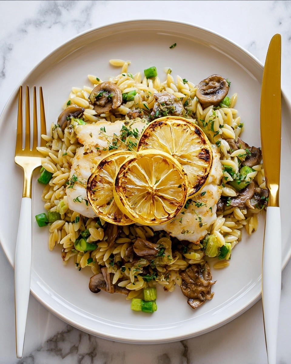 A white plate holds a bed of light golden orzo mixed with slices of brown mushrooms and bright green chopped leeks, garnished with small green herbs. On top, there is a single golden-brown cooked fillet, likely fish or chicken, with two thin, round, grilled lemon slices placed overlapping on it. A golden fork with a white handle lies on the left side of the plate, and a matching golden knife with a white handle is on the right. The plate is set on a white marbled surface. Photo taken with an iphone --ar 4:5 --v 7
