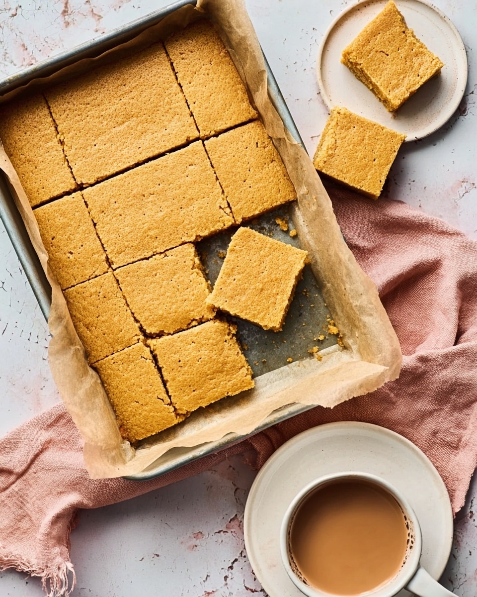 The image shows a rectangular metal baking tray lined with parchment paper filled with a golden brown baked dessert cut into small square pieces, with four pieces removed and placed beside the tray. The dessert has a smooth, slightly crumbly texture and an even golden color on top. A pinkish cloth is placed under the tray on a white marbled surface. Next to the tray on the right, there is a white plate holding one piece of the dessert, and a white cup filled with light brown coffee. A woman's hand is holding a piece of the dessert just above the plate. Photo taken with an iphone --ar 4:5 --v 7