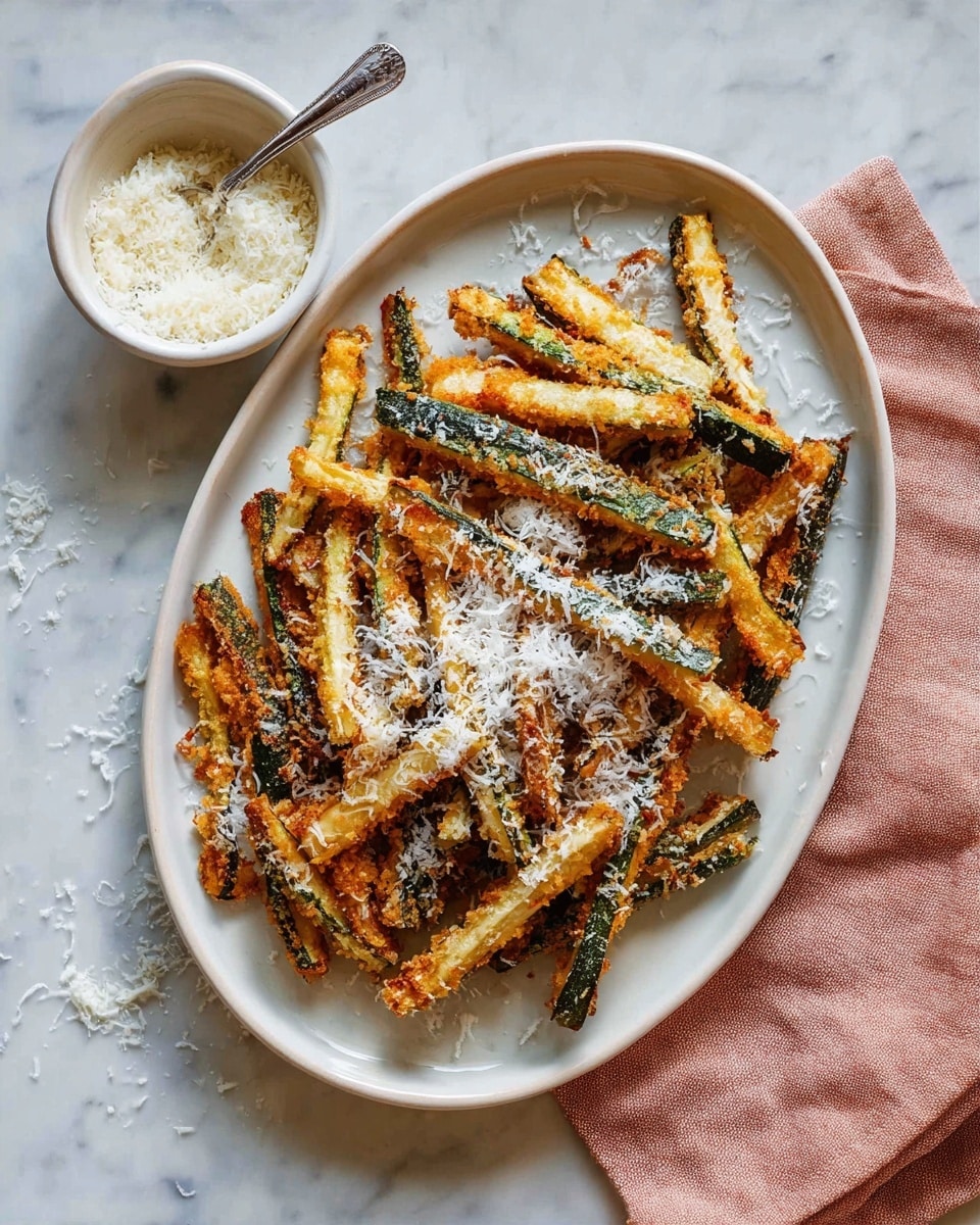 A white oval plate filled with thin, crispy fried zucchini fries that are golden brown with some green skin visible, scattered with white grated cheese on top. Next to the plate, there is a small white bowl filled with more white grated cheese and a small silver spoon resting inside. The dish is placed on a white marbled surface with a soft pink cloth nearby. photo taken with an iphone --ar 4:5 --v 7