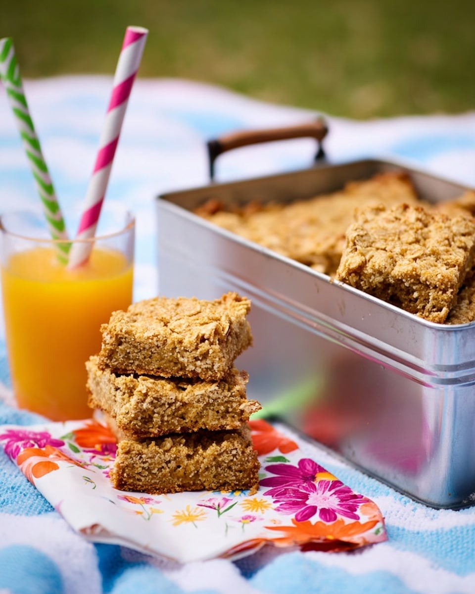 The image shows a metal tin filled with golden brown oat bars that have a crumbly and textured top layer. Next to the tin, there are three oat bars stacked in a pyramid shape on a colorful floral napkin, placed on a white marbled surface covered with a blue and white striped cloth. Behind the tin, there is a clear glass filled with orange juice, with two striped paper straws, one green and white and the other pink and white. The background is blurred but shows some green grass and a woven basket. Photo taken with an iphone --ar 4:5 --v 7