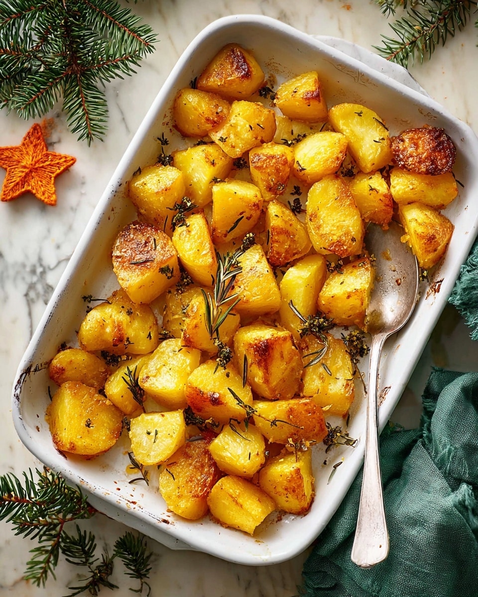 A white rectangular baking dish filled with one layer of golden brown roasted potato chunks. Each potato piece has a crispy, slightly browned outer texture with soft yellow inside visible on some edges. Scattered on the potatoes are small, dark green sprigs of fresh herbs and a couple of bay leaves. A golden spoon with a white handle sits on the right edge of the dish, resting among the potatoes. The dish is set on a white marbled surface with a dark green cloth near the bottom right corner and a small decorative orange star shape near the bottom left. photo taken with an iphone --ar 4:5 --v 7