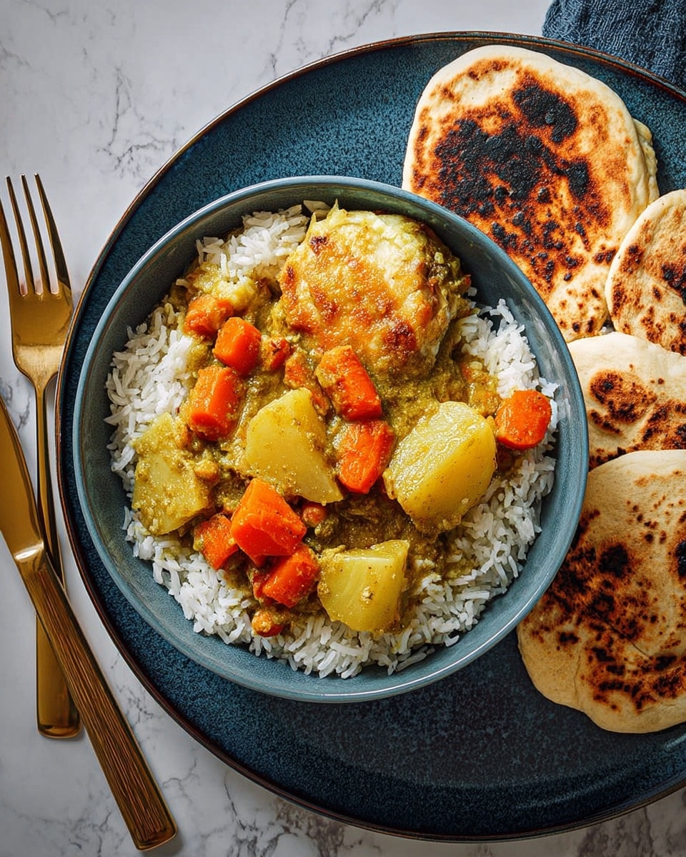 A blue bowl sitting on a matching blue plate contains a dish with three main layers: the bottom layer is white, fluffy rice spread evenly around the bowl’s edge, the middle layer consists of large chunks of yellow potatoes and orange carrots mixed in a thick, greenish curry sauce, and the top layer has a piece of baked food with a golden-brown crust placed centrally. To the right side of the bowl on the blue plate, there are two pieces of flatbread with dark brown toasted spots. The entire setting is on a white marbled surface, with a fork and knife with golden handles placed on the left side of the plate. photo taken with an iphone --ar 4:5 --v 7