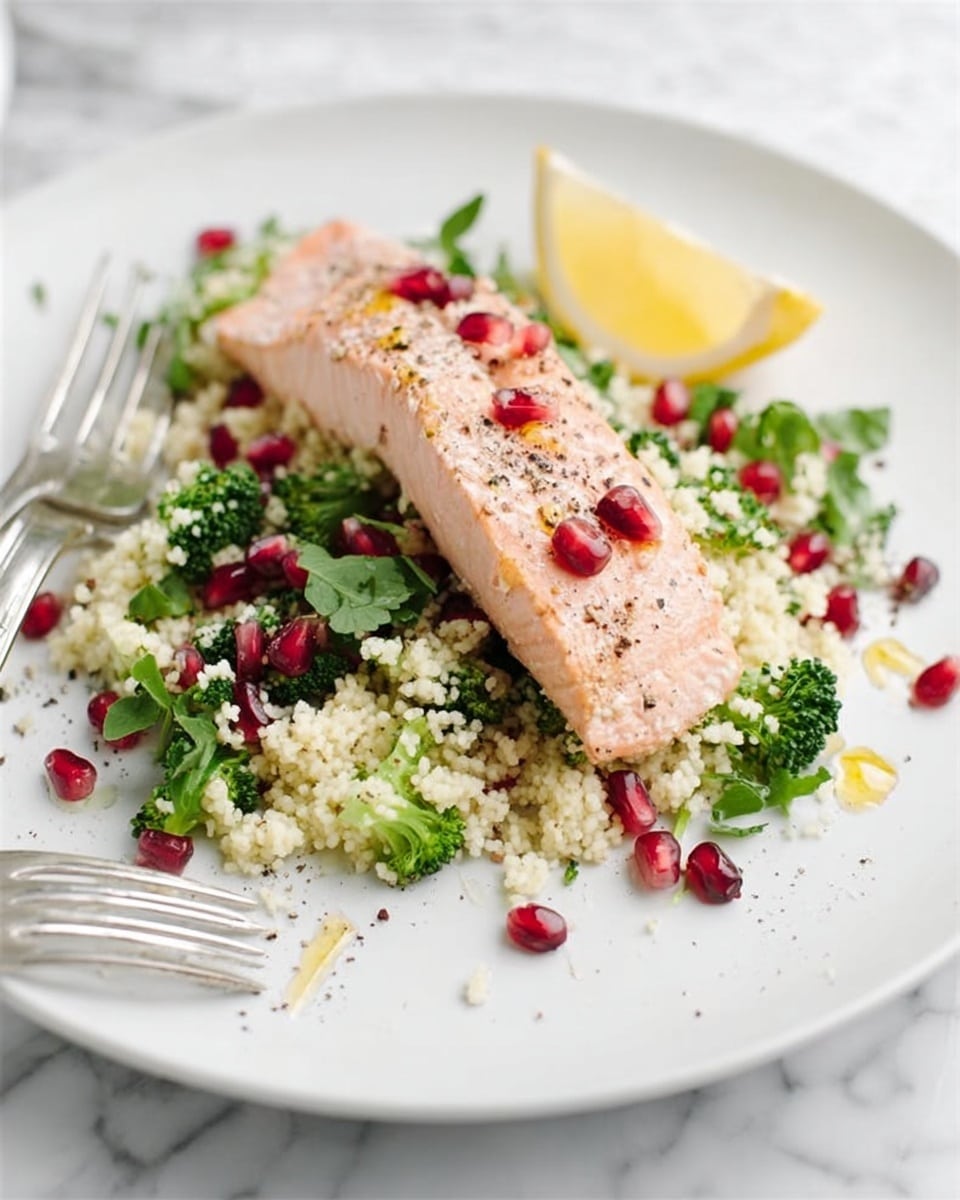 A white plate holds a piece of light pink cooked salmon, placed diagonally on a bed of small white couscous mixed with dark green spinach leaves, bright green broccoli florets, and scattered shiny red pomegranate seeds. A small yellow lemon wedge sits at the top edge of the plate. The salmon is lightly seasoned with black pepper and drizzled with olive oil, giving a slight shine. A silver fork rests on the left side of the plate, touching the food. The plate is set on a light gray fabric with a stripe pattern, all on a white marbled surface. photo taken with an iphone --ar 4:5 --v 7