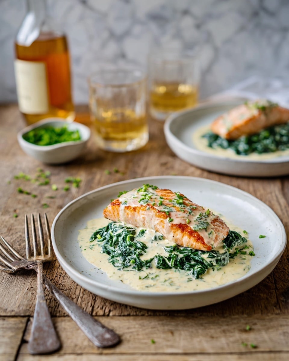 A white plate holds a dish with two main layers: at the bottom is a creamy spinach mixture with a smooth white sauce and vibrant dark green wilted spinach leaves spread out in an irregular oval shape, topped by a grilled salmon fillet that is light pink with charred grill marks and a drizzle of creamy, slightly chunky white sauce with green herbs. The plate sits on a rustic wooden surface with two forks to the left, in the background there are two glasses and a bottle with light amber liquid, and a small white dish with chopped green herbs. Another similar plate is blurred in the background, all on a white marbled texture surface. Photo taken with an iphone --ar 4:5 --v 7