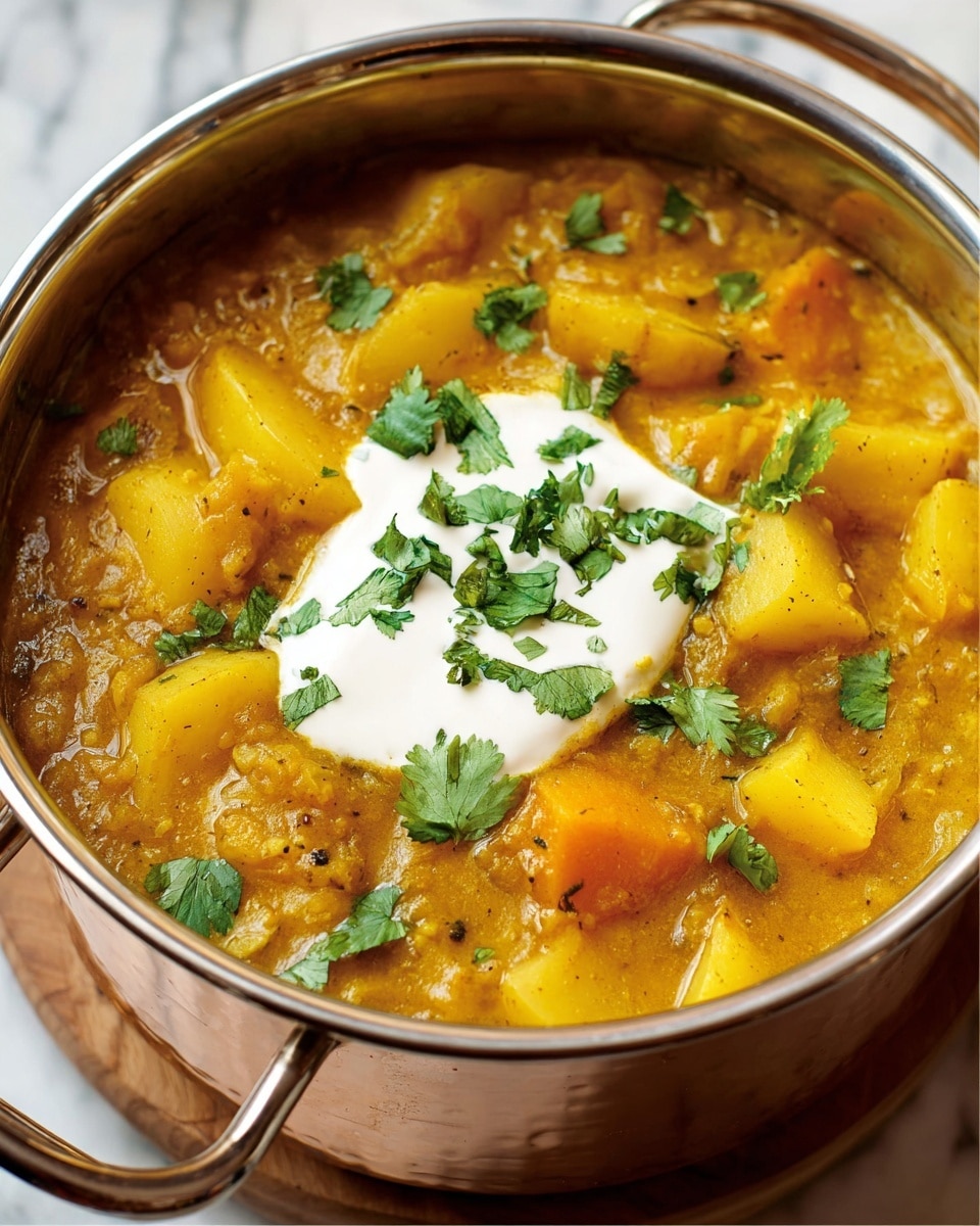 A close-up of a shiny silver pot filled with a thick yellow curry containing chunks of potato and other vegetables. On top, there is a dollop of white cream garnished with fresh green cilantro leaves scattered over the yellow sauce. The pot sits on a wooden surface, with a soft focus background, and the curry looks rich, chunky, and warmly colored. photo taken with an iphone --ar 4:5 --v 7
