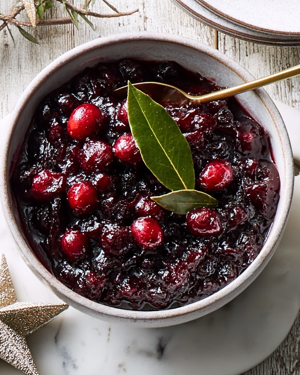 The image shows a close-up of a small white bowl filled with a dark purple mixed berry compote containing whole bright red cranberries. On top of the mixture, there is a single fresh green leaf placed in the center, adding a pop of color. A golden spoon is partially dipped into the compote on the right side, with a woman's hand just barely touching the handle. The bowl sits on a white marbled surface with some scattered holiday decorations around it. Photo taken with an iphone --ar 4:5 --v 7