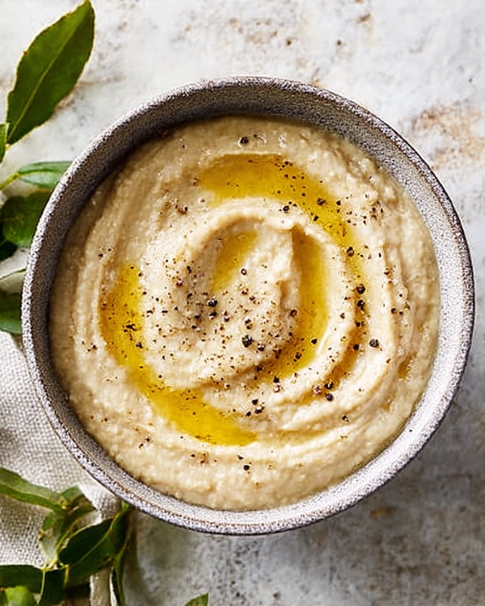A white bowl filled with smooth light beige hummus topped with swirls of golden olive oil and sprinkled with small black pepper grains, sitting on a white marbled surface with a bay leaf to the top left of the bowl photo taken with an iphone --ar 4:5 --v 7