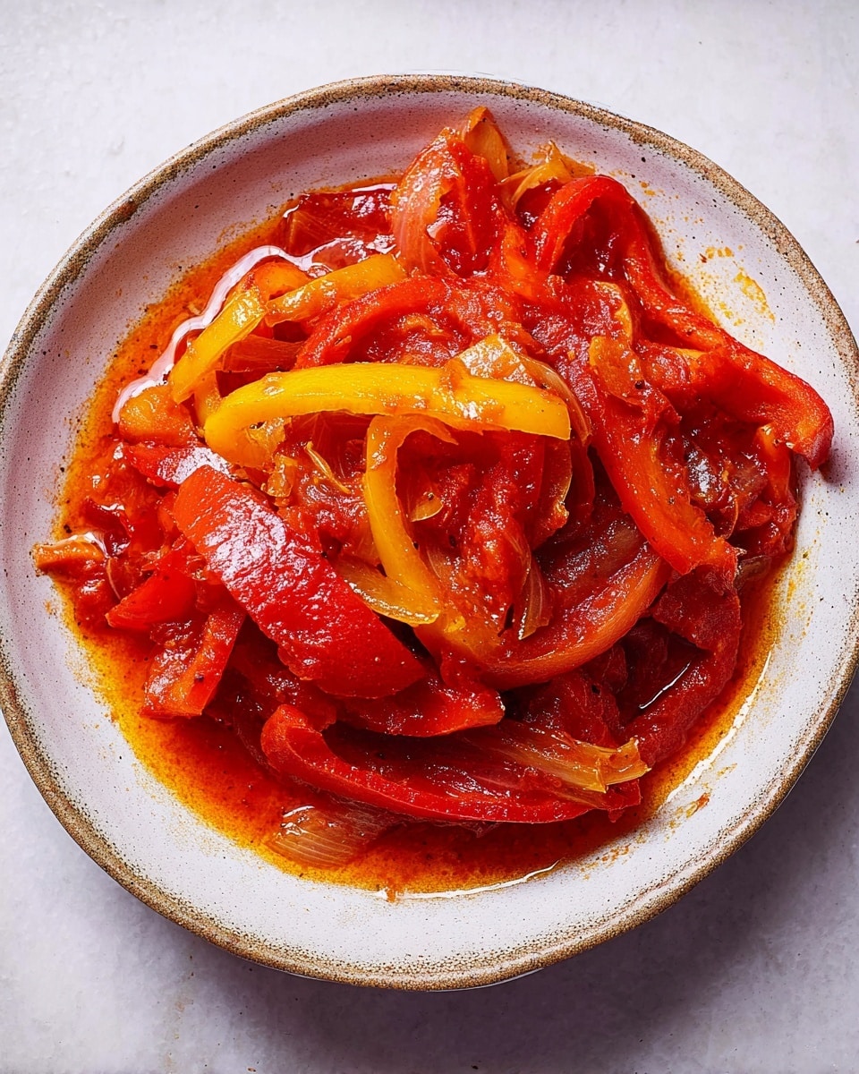 A close-up of a white plate filled with a saucy mix of cooked red and yellow bell pepper strips and onions in a rich, glossy reddish-orange tomato-based sauce. The peppers are cut into long strips, glistening with the thick sauce, and the onions appear soft and slightly translucent, scattered throughout the dish. The plate sits on a white marbled surface, enhancing the vibrant colors of the food. photo taken with an iphone --ar 4:5 --v 7