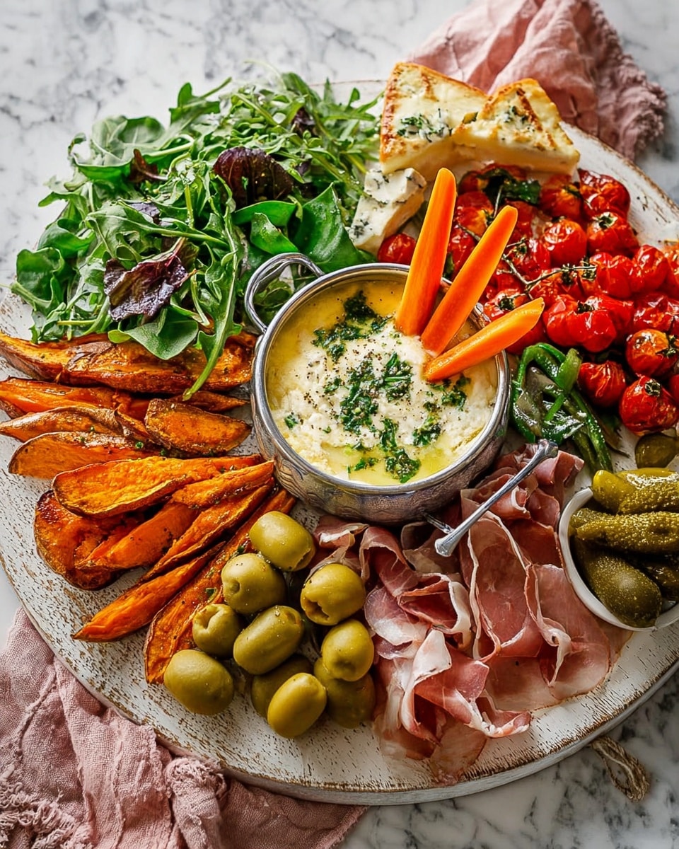 The image shows a round white wooden board filled with a colorful mix of food items arranged in a circle. In the center, there is a small silver bowl with a creamy yellow cheese dip topped with green herbs, and a carrot stick dipped in it. Surrounding the bowl, from left to right, there are orange roasted sweet potato wedges with a slightly crispy texture, green leafy arugula, bright red halved cherry tomatoes, thinly folded slices of pinkish-red cured meats, a group of green and black olives mixed with small arugula leaves, more fresh arugula, a stack of small green pickles, and another bunch of arugula. The board lies on a white marbled surface with a soft pink cloth on the upper right corner. photo taken with an iphone --ar 4:5 --v 7