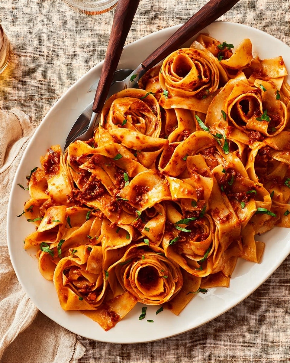 A large white oval plate filled with wide, flat pasta ribbons coated evenly in a rich reddish-brown sauce. The pasta is folded and curled loosely in layers, showing a smooth, slightly glossy texture. Small green herb leaves are sprinkled on top, adding a fresh contrast. Two dark wooden utensils rest on the pasta, one partially underneath and the other on top, gently pushing the pasta to one side. The plate sits on a textured, beige fabric surface with a light brown napkin folded nearby. photo taken with an iphone --ar 4:5 --v 7