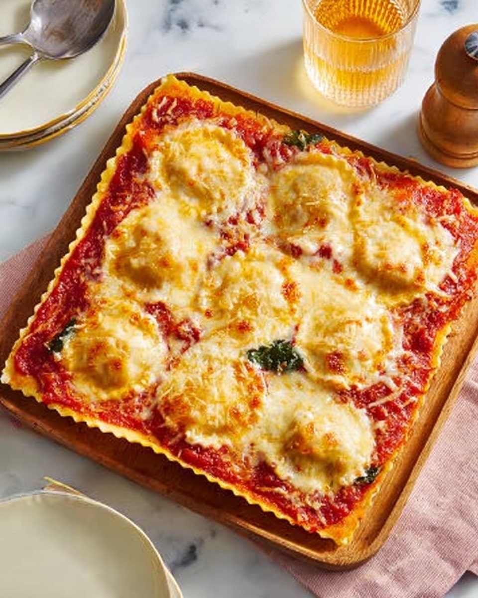 The image shows a square pizza with a golden crust sitting on a white marbled surface. The pizza has two main layers: the bottom layer is a red tomato sauce mixed with some green spinach leaves, and the top layer is a thick, melted cheese that is bubbly and slightly browned in spots. The cheese covers circular pockets that look like ravioli placed evenly across the pizza. A woman’s hand holds the pizza box open from the right side. Around the pizza are a white plate, a glass of light yellow drink, a pepper grinder, and a spoon on a brown textured mat. Photo taken with an iphone --ar 4:5 --v 7