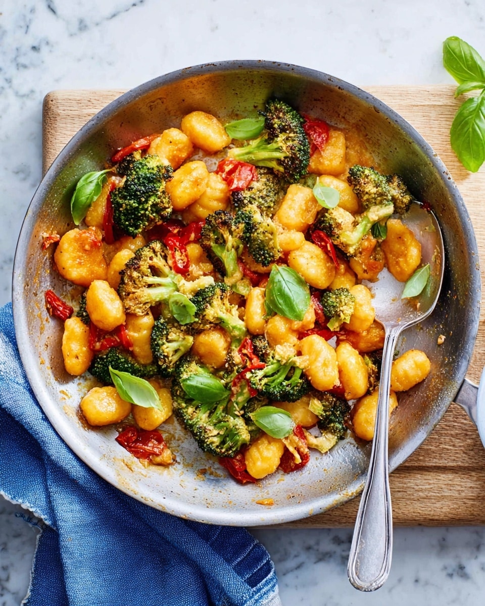 The image shows a metal pan filled with a colorful dish of gnocchi and broccoli. The pan holds bright orange gnocchi pieces that look soft and slightly browned, mixed with green roasted broccoli florets, and bits of red tomatoes and chili slices. Fresh green basil leaves are scattered on top, adding a fresh touch. A silver spoon rests inside the pan on the right side, partially covered by the food. The pan sits on a light wooden surface with a blue cloth folded near the handle, all set against a white marbled background. photo taken with an iphone --ar 4:5 --v 7