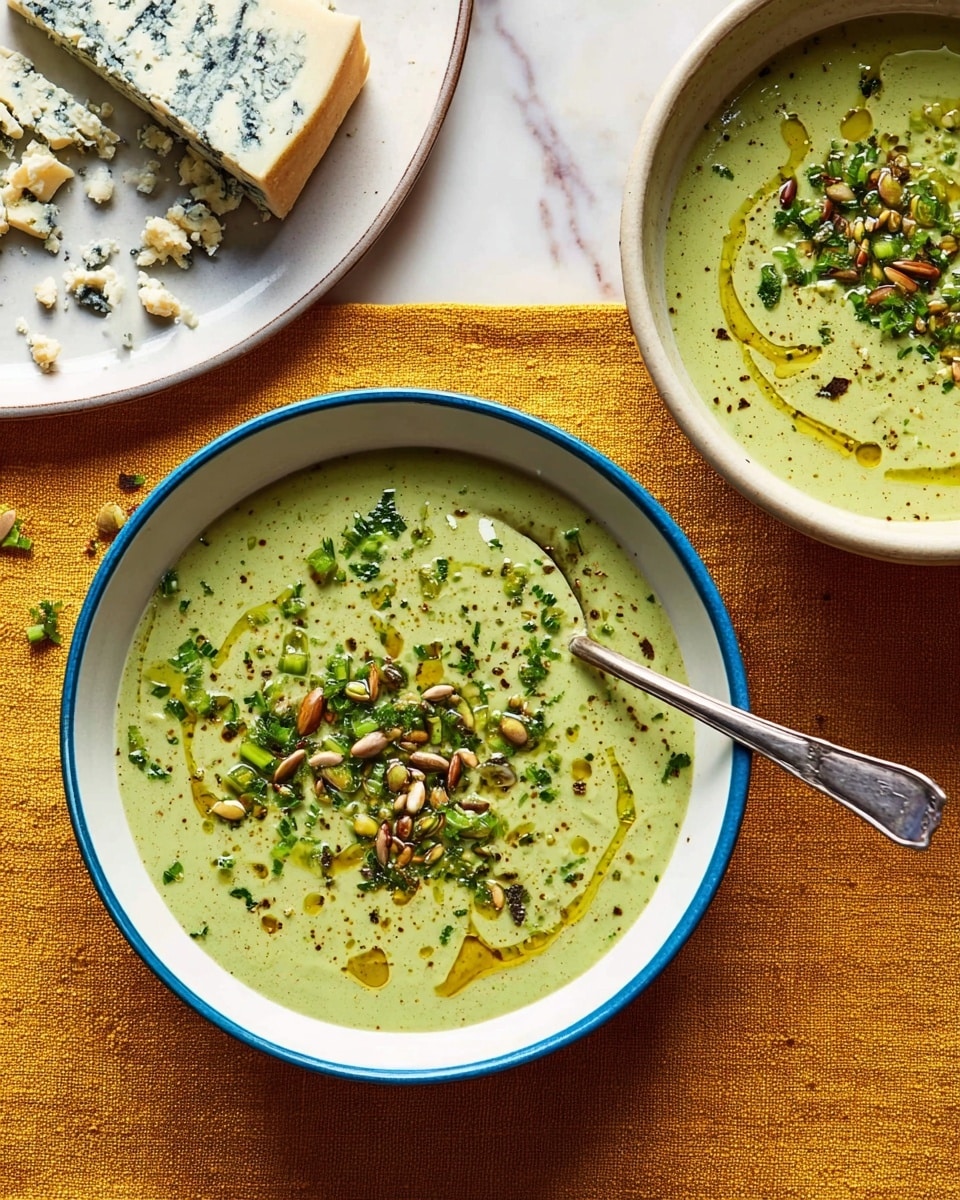 Two bowls of green soup with a creamy texture sit on a white marbled surface over a yellow cloth. Each bowl has a drizzle of golden oil on top, sprinkled with chopped green herbs, seeds, and crumbled white cheese. One bowl is light blue and contains a spoon resting inside. On the upper right, a white plate holds a wedge of cheese with crumbs scattered around it. Photo taken with an iphone --ar 4:5 --v 7