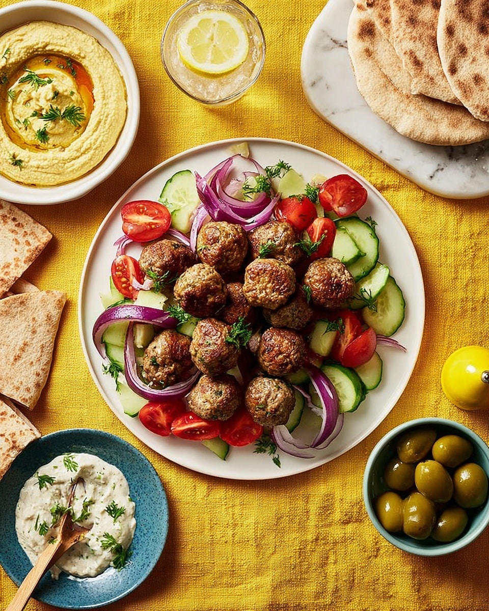 A deep blue plate holds a pile of golden-brown meatballs sitting on a bed of crisp, sliced red onions, quartered cherry tomatoes, and chopped green cucumbers, all mixed together. Around the plate, on a yellow cloth over a white marbled surface, there are pieces of triangular pita bread, a small white bowl of green olives, a white bowl of yellow hummus garnished with green parsley, and a white bowl of creamy white tahini sauce with small green herbs in it. A glass of water with a slice of lemon is also visible in the top left. photo taken with an iphone --ar 4:5 --v 7