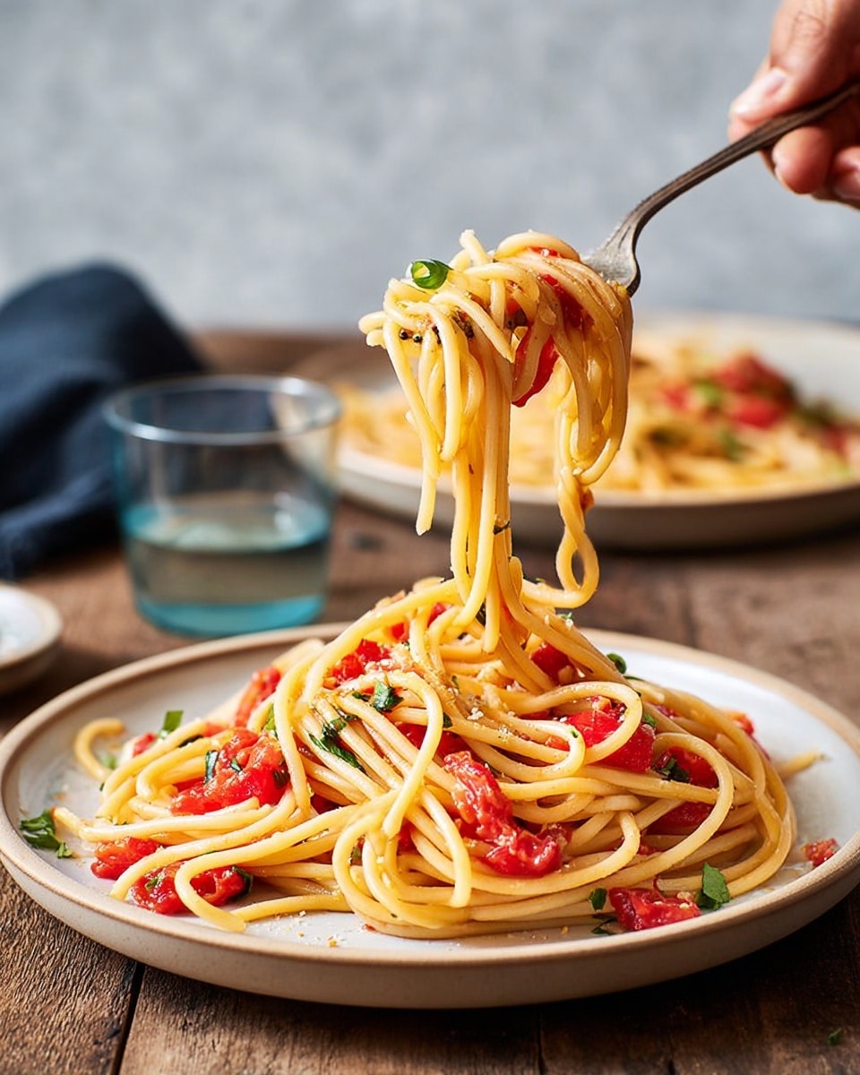 A plate of spaghetti with red tomato sauce and small green herb pieces is placed on a wooden table with a white marbled texture background. The spaghetti is yellowish with a slightly glossy texture, mixed with chunks of red tomatoes spread evenly throughout the dish. A woman's hand is holding a fork lifting a long twist of spaghetti from the center of the plate, showing the pasta strands hanging high with bits of tomatoes attached. In the background, there is another plate with similar spaghetti and a glass of water nearby. photo taken with an iphone --ar 4:5 --v 7