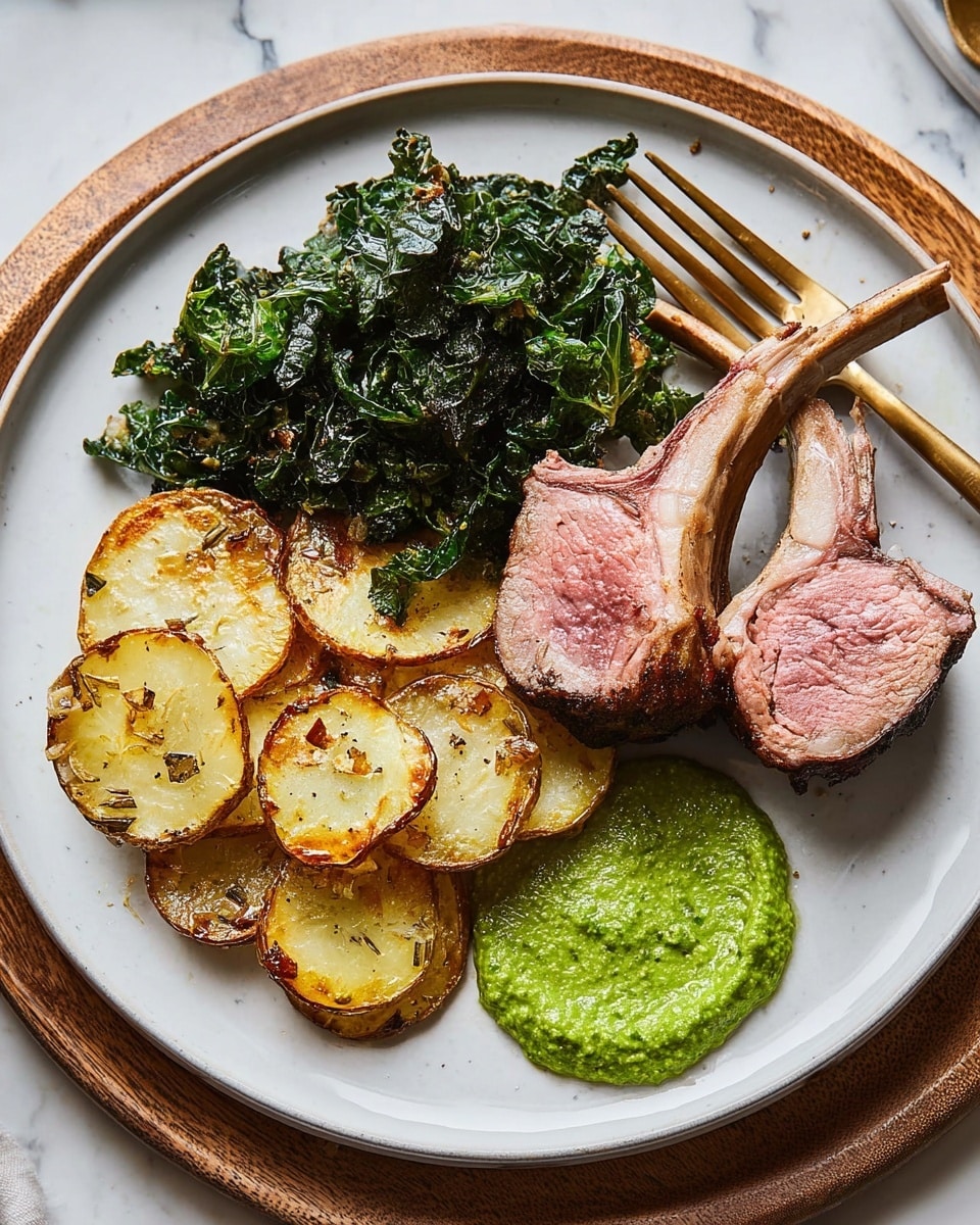 A white plate sits on a wooden charger with a full meal arranged neatly. On the left side, there is a layered pile of thinly sliced, cooked potatoes with a golden-brown edge, mixed with cooked onion slices that have a slightly translucent texture. Above the potatoes, there is a bunch of dark green, wilted leafy vegetables with a slight shine, likely kale or spinach. On the right side of the plate, two pieces of lamb chops with a pink center and browned outer edges rest diagonally, showing the bone handles pointing left. Next to the lamb chops is a small dollop of bright green sauce with a slightly chunky texture. A silver fork lies diagonally at the bottom left on the plate's edge. The plate rests on a white marbled surface. photo taken with an iphone --ar 4:5 --v 7