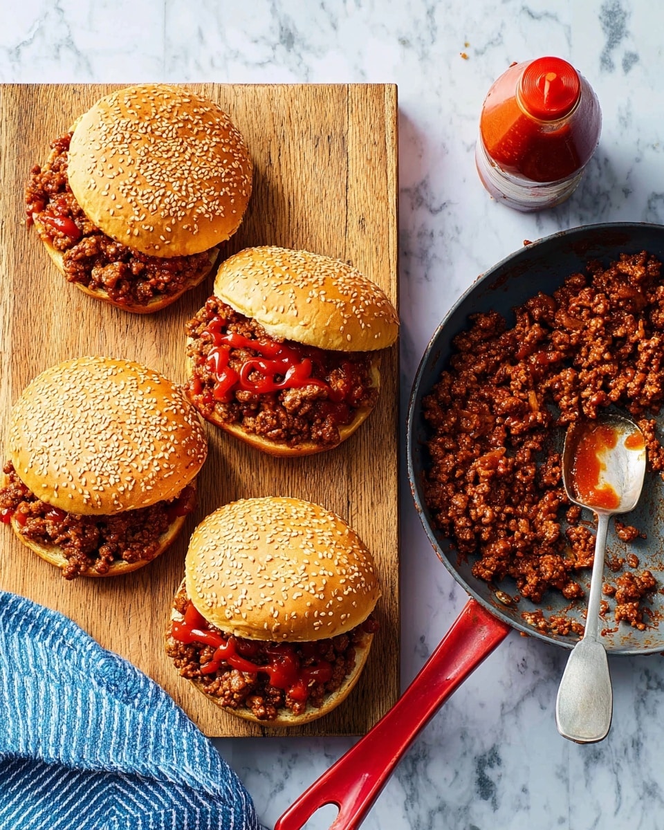 The image shows three sloppy joe sandwiches placed on a wooden cutting board over a white marbled surface. Each sandwich has a sesame seed topped golden brown bun, with the top buns slightly lifted on two sandwiches, revealing a generous layer of reddish-brown ground meat mixed with sauce, glistening and slightly spilling out. To the right, there is a skillet with a bright red handle filled with the same saucy ground meat mixture, with a spoon resting on top. Above the sandwiches, there is a red squeeze bottle of sauce. A blue and white striped cloth lies beside the skillet. photo taken with an iphone --ar 4:5 --v 7