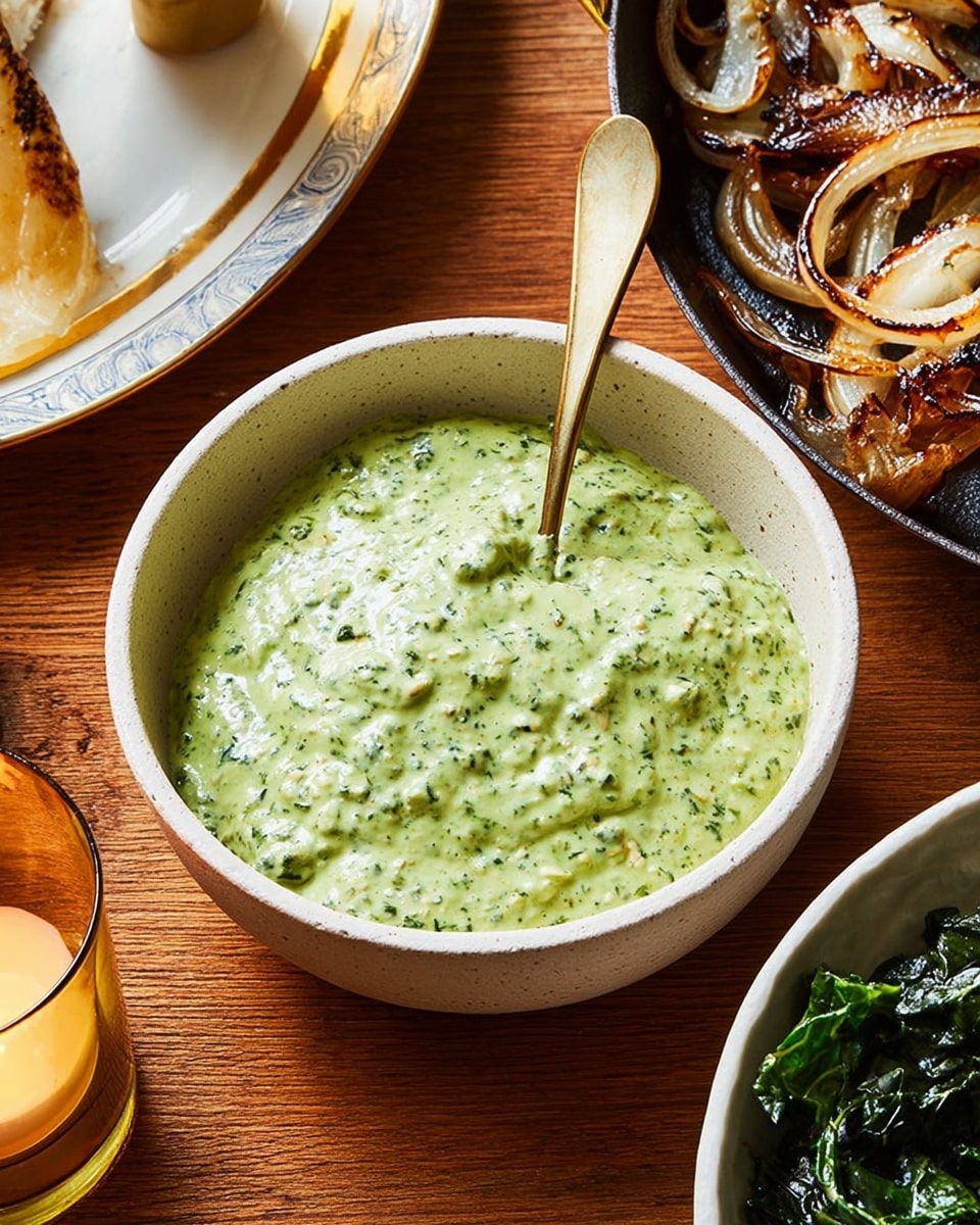 A small white bowl filled with a thick, creamy green sauce that has a slightly chunky texture with visible bits of herbs, sitting on a white marbled surface. A gold spoon rests inside the bowl, partially submerged in the sauce, with its handle leaning on the bowl’s edge. Next to the bowl, a blurred candle in a gold holder and a gold salt shaker sit on the surface, while part of a white plate with cooked leafy greens and a black skillet with browned onion slices on white potato slices can be seen in the background. photo taken with an iphone --ar 4:5 --v 7