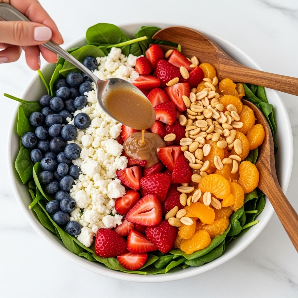 A white bowl is filled with fresh green spinach leaves forming the base layer. On top, evenly spaced sections of folded, bright orange mandarin slices, deep red sliced strawberries, and plump dark blue blueberries create distinct colorful layers. Crumbled white cheese is sprinkled generously over the fruits and spinach. Small golden brown peanuts are scattered across the salad for texture. A silver spoon drips a dark brown dressing over the strawberries. Two wooden salad serving spoons rest in the bowl on the right side, all set on a white marbled surface. Photo taken with an iphone --ar 4:5 --v 7