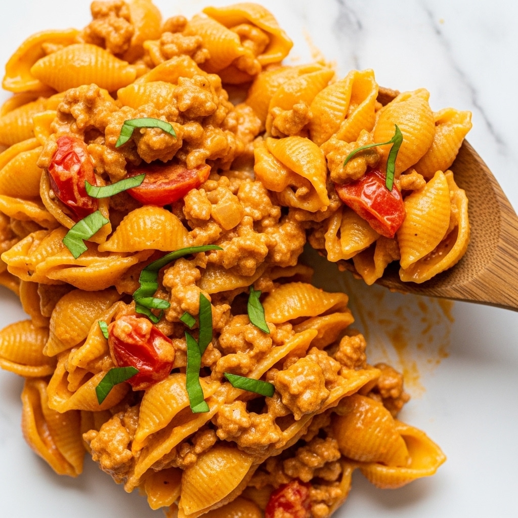 This close-up image shows a creamy pasta dish with three main layers visible: the pasta shells, the sauce, and the toppings. The bottom layer consists of small, yellow pasta shells with a smooth, slightly shiny texture. The middle layer is a thick, orange-colored creamy sauce mixed with cooked ground meat and small pieces of red tomatoes. The top layer is sprinkled with fresh chopped green herbs scattered lightly over the pasta and sauce. A wooden spoon lifts some of the pasta, sauce, and meat, showing the thick creamy texture. The background is a white marbled surface. photo taken with an iphone --ar 4:5 --v 7