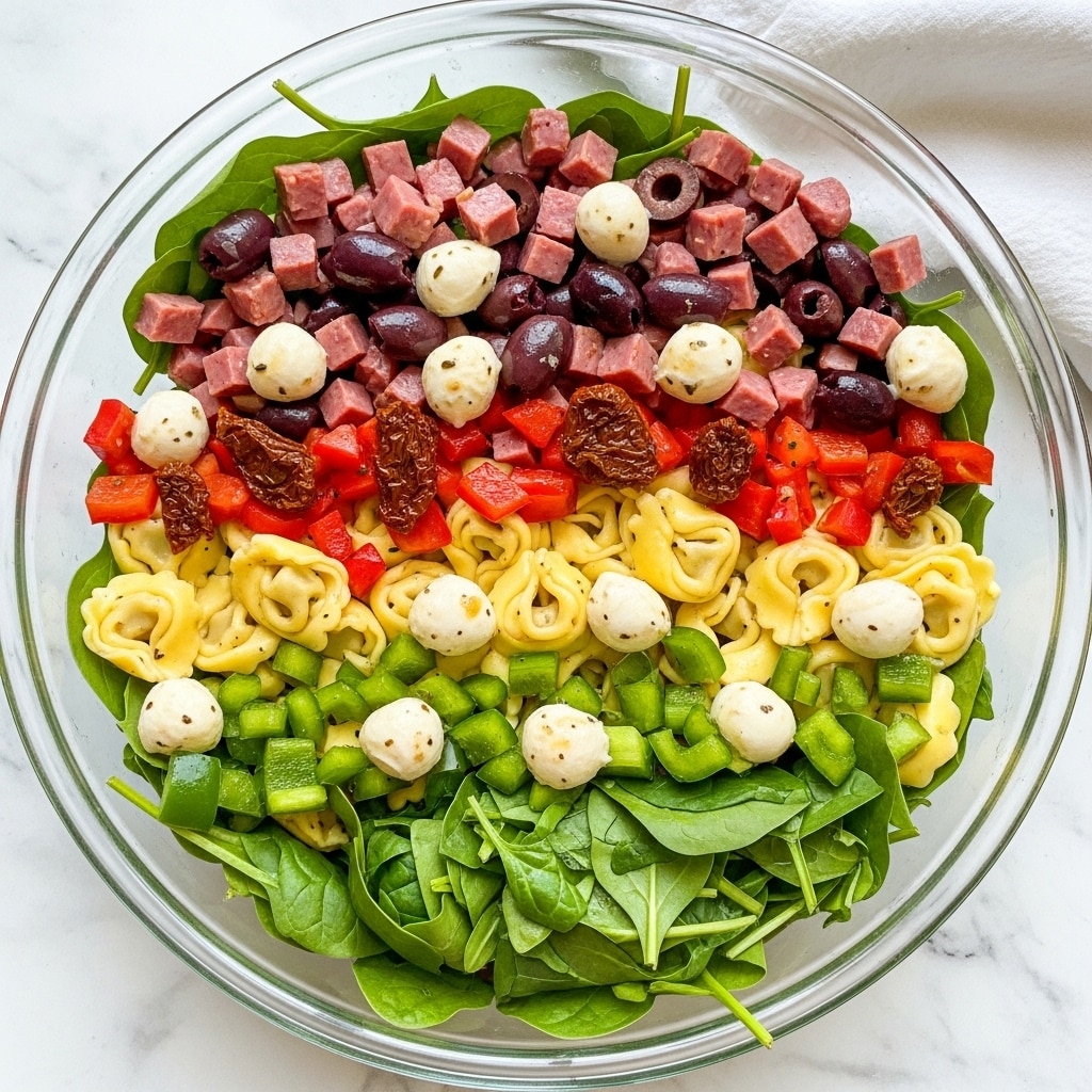 A large clear glass bowl filled with a colorful tortellini salad on a white marbled texture background, showing many layers and ingredients mixed together. The base layer is fresh green spinach leaves scattered throughout. On top are small yellow tortellini pasta pieces with a smooth, slightly shiny texture. There are small white mozzarella balls and chunks of red and green bell peppers adding bright color. Diced cured meat in pinkish-red tones and sun-dried tomatoes with a dark, rough texture are mixed in evenly. There are also pieces of black olives and finely chopped red onions. The whole salad is lightly coated in a glossy dressing, giving the ingredients a fresh look. Photo taken with an iphone --ar 4:5 --v 7