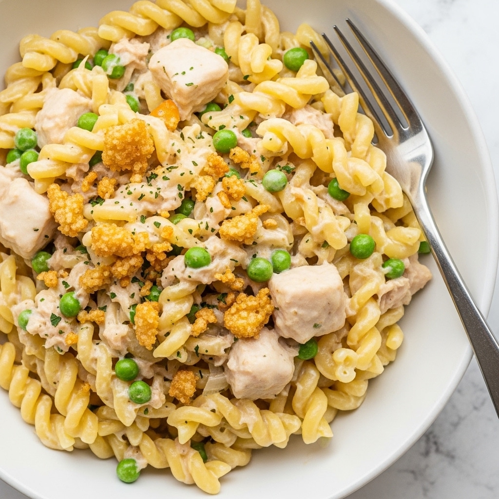 The image shows a close-up of creamy pasta in a white bowl with small green peas and chunks of chicken mixed throughout. The pasta is soft and curly, covered in a thick light yellow sauce, with a crispy golden topping scattered on the surface. A silver fork rests on the right side of the bowl. The bowl is set on a white marbled surface. photo taken with an iphone --ar 4:5 --v 7